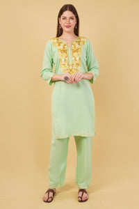 Kashmiri Aari embroidery Cotton Co-ord set Size-42 (Green)