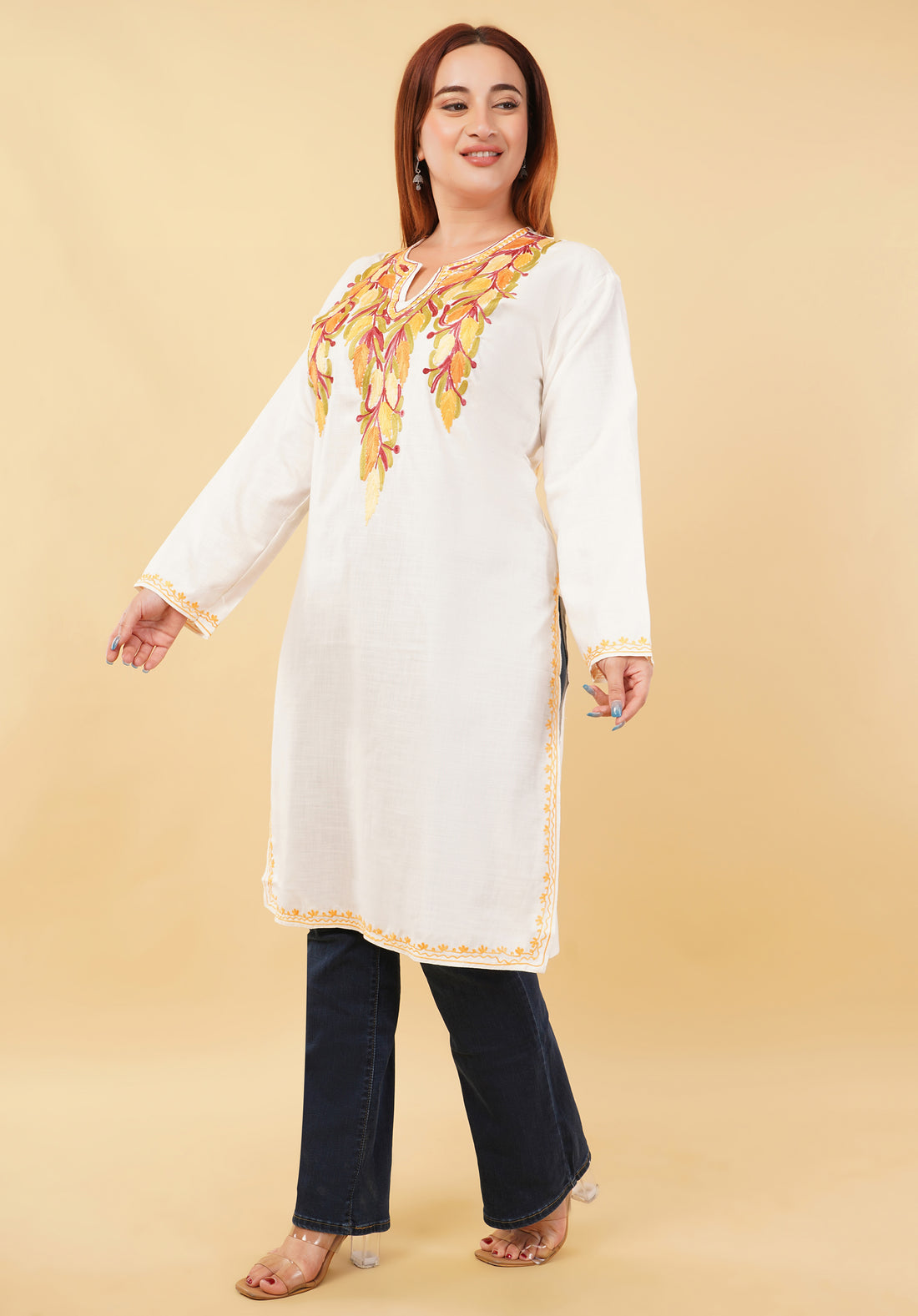 Kashmiri Aari embroidery Cotton Long Kurti Size-46(White)