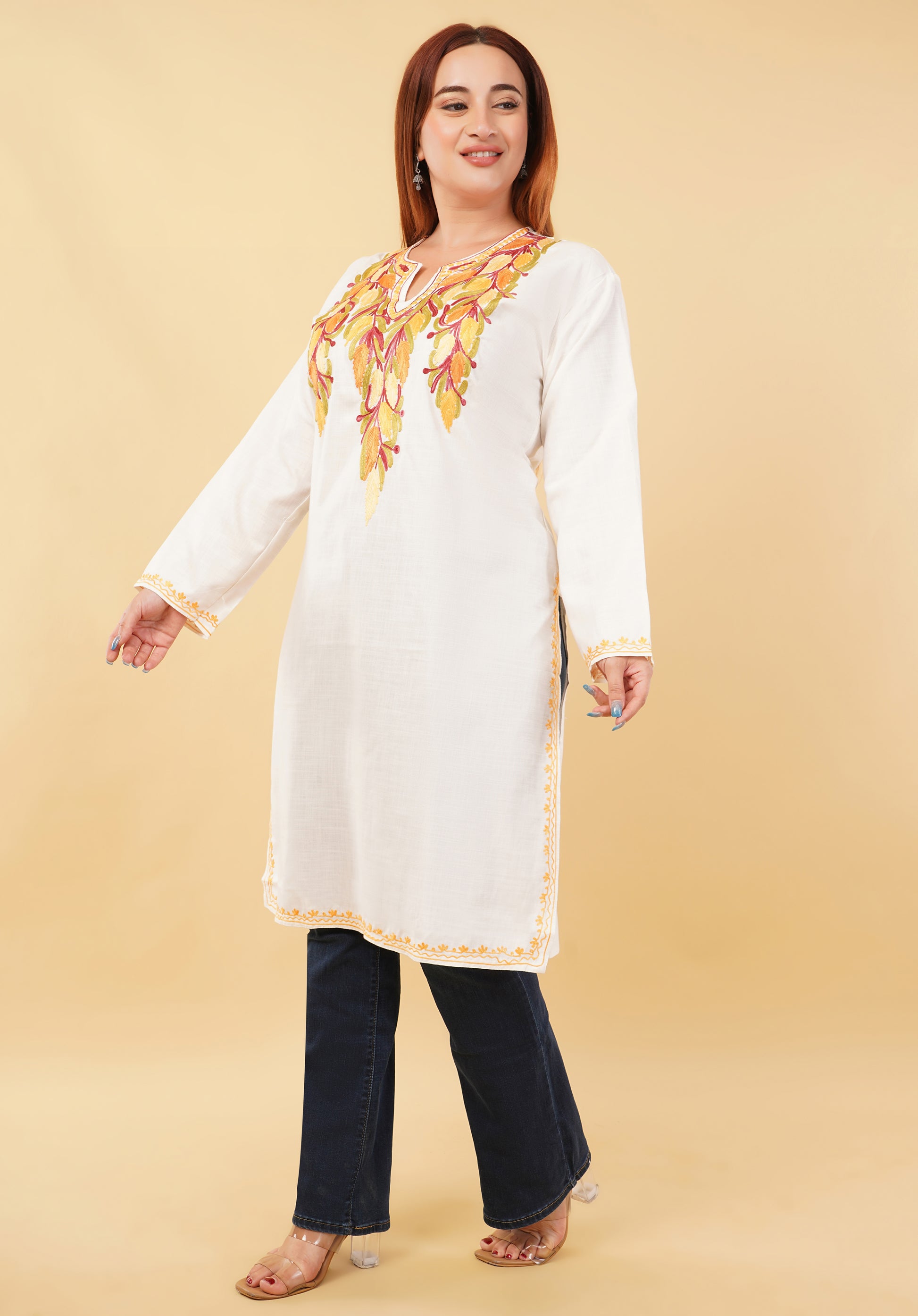 Kashmiri Aari embroidery Cotton Long Kurti Size-46(White)