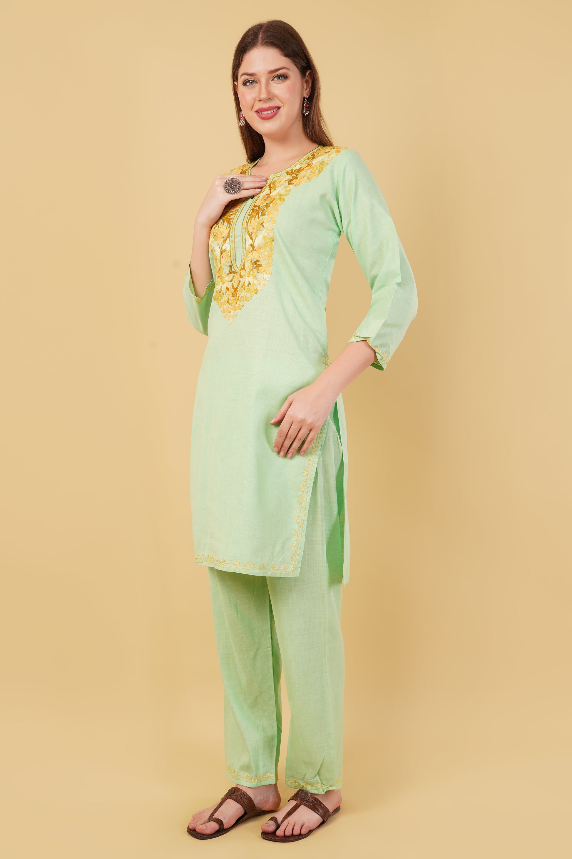 Kashmiri Aari embroidery Cotton Co-ord set Size-42 (Green)