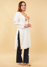 Kashmiri Aari embroidery Cotton Long Kurti Size-46(White)