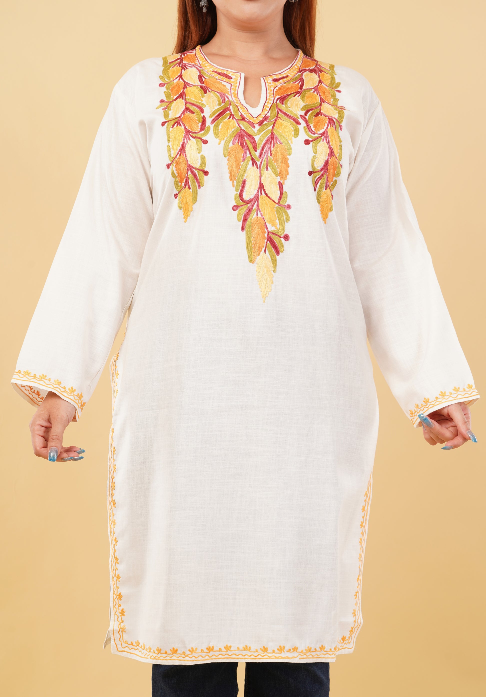 Kashmiri Aari embroidery Cotton Long Kurti Size-46(White)