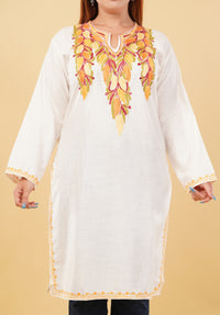 Kashmiri Aari embroidery Cotton Long Kurti Size-46(White)