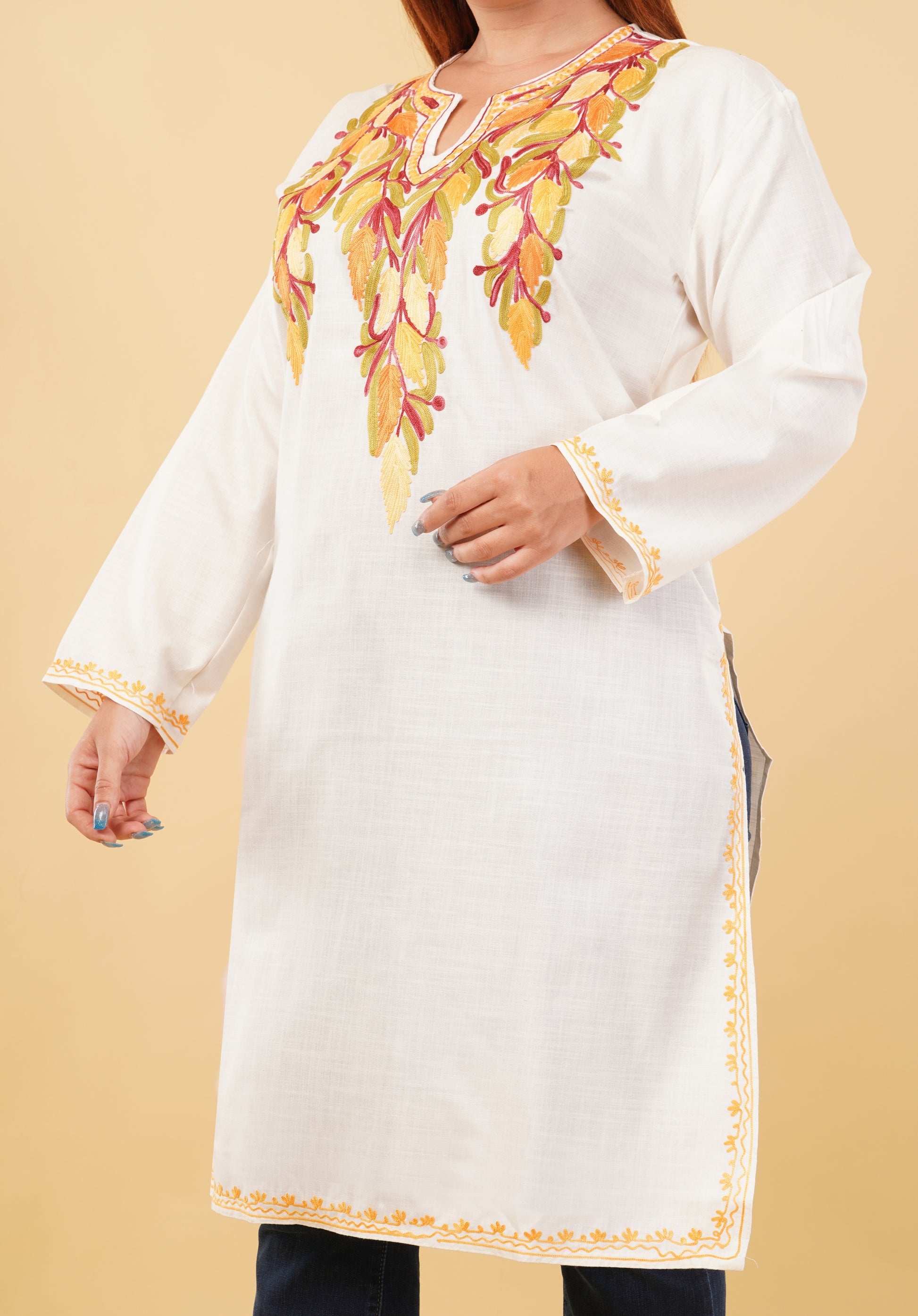 Kashmiri Aari embroidery Cotton Long Kurti Size-46(White)