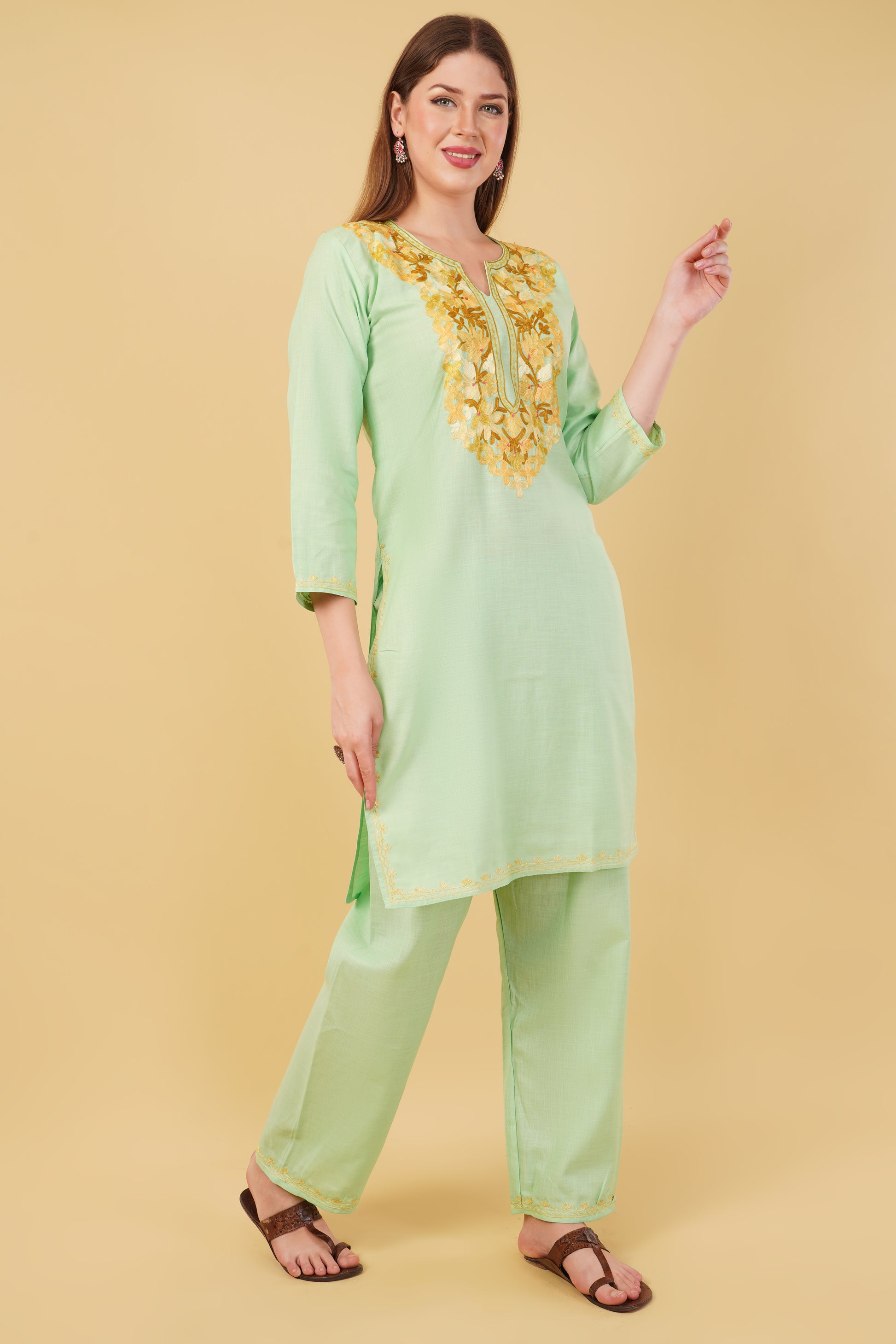 Kashmiri Aari embroidery Cotton Co-ord set Size-42 (Green)