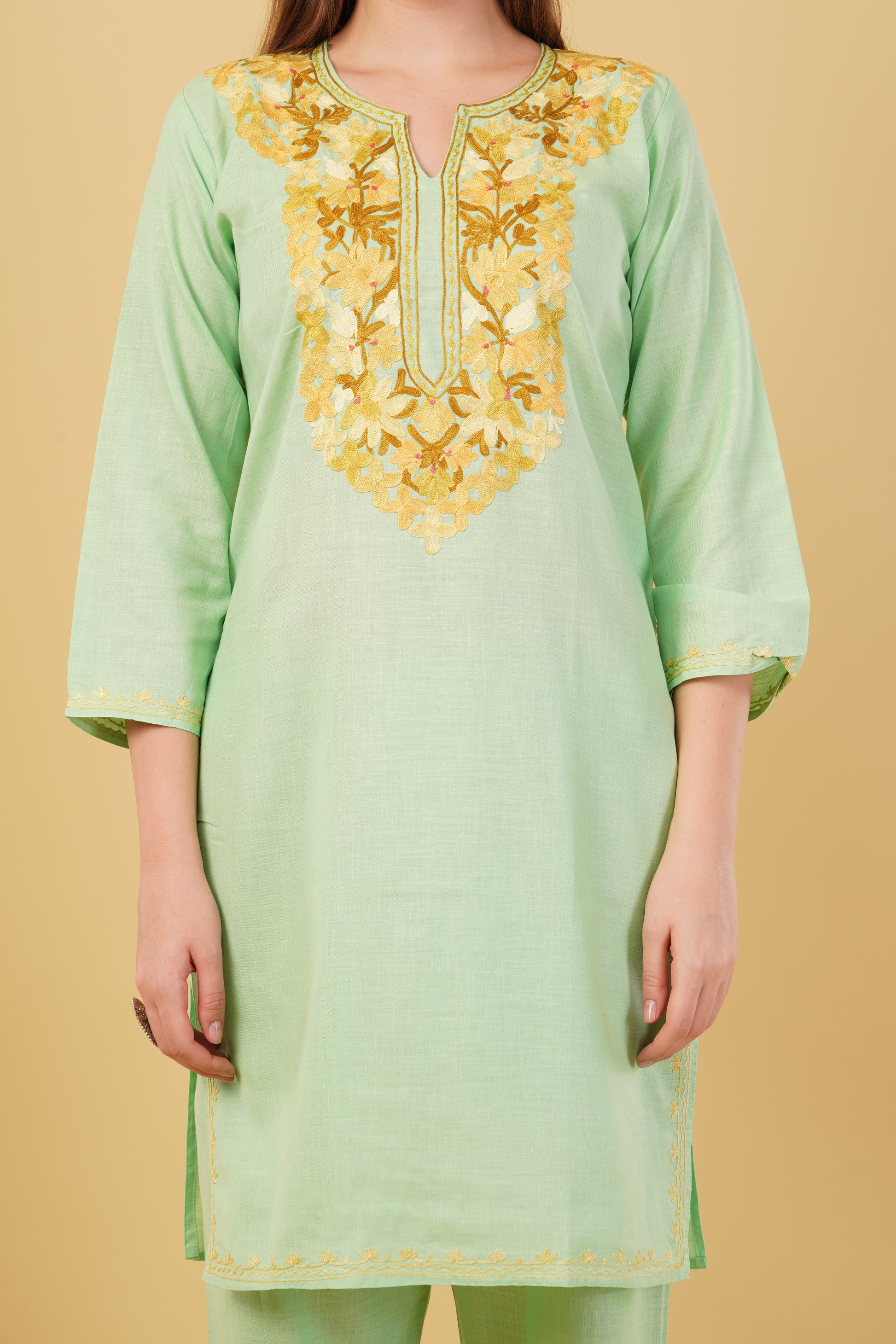 Kashmiri Aari embroidery Cotton Co-ord set Size-42 (Green)