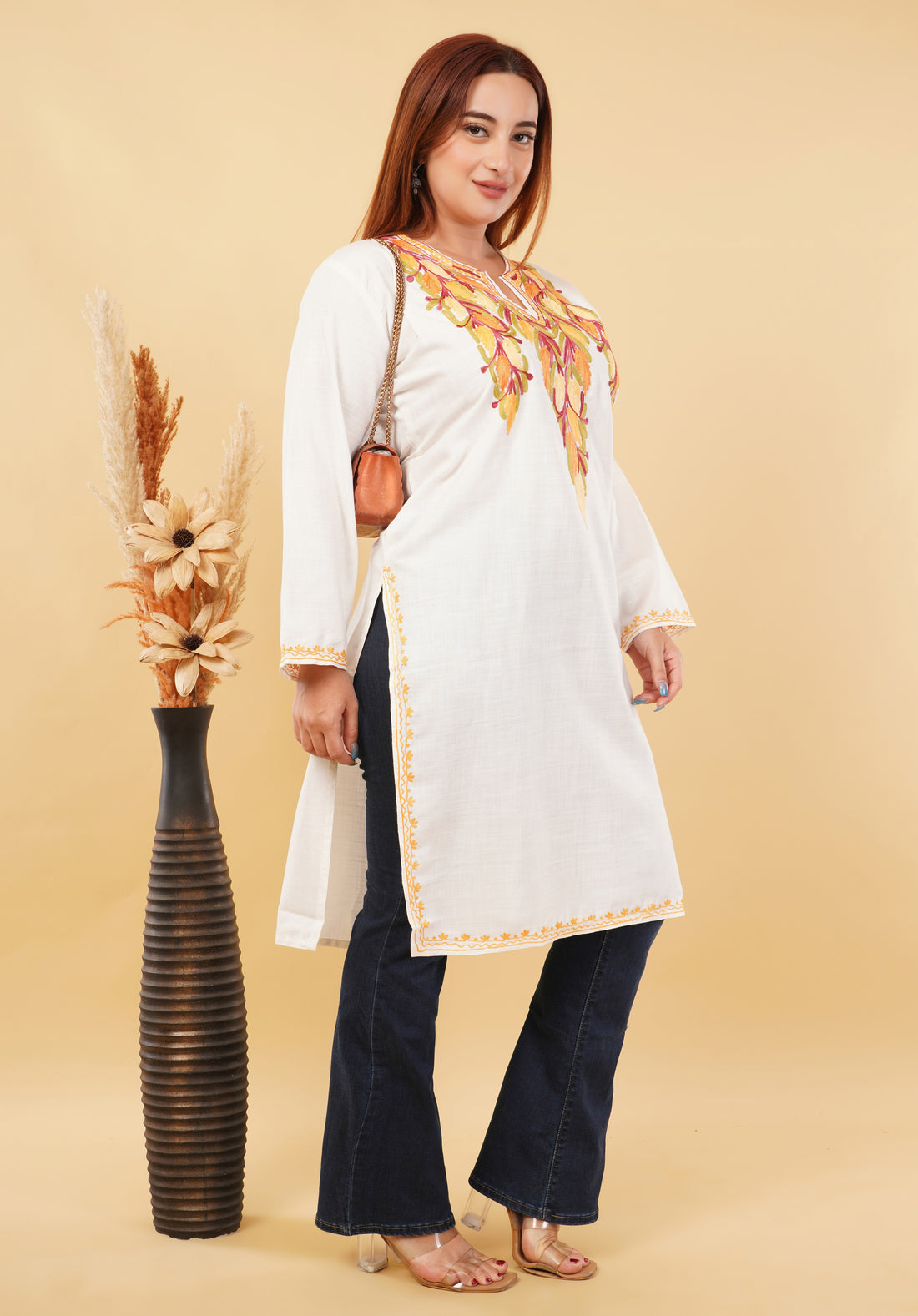 Kashmiri Aari embroidery Cotton Long Kurti Size-46(White)