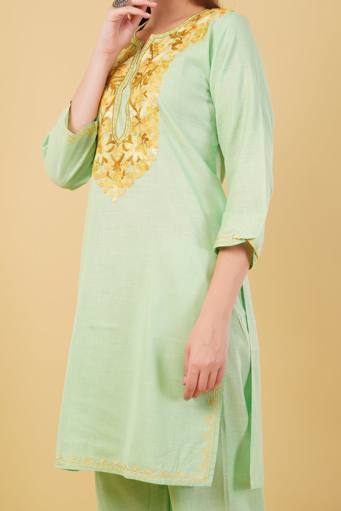 Kashmiri Aari embroidery Cotton Co-ord set Size-42 (Green)