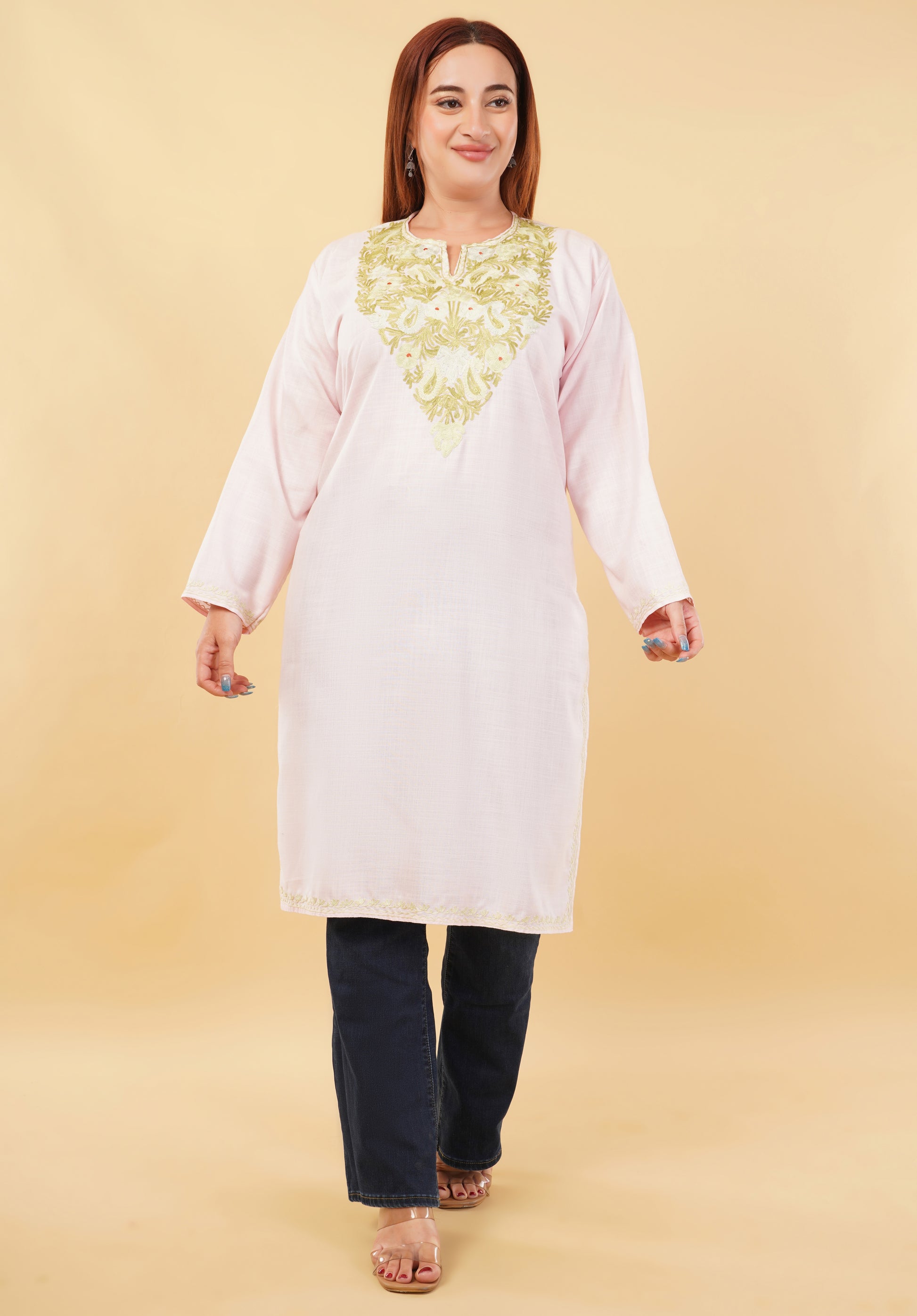 Kashmiri Aari embroidery Cotton Long Kurti Size-46(Baby Pink)