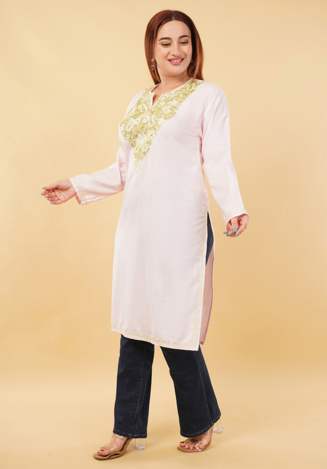 Kashmiri Aari embroidery Cotton Long Kurti Size-46(Baby Pink)