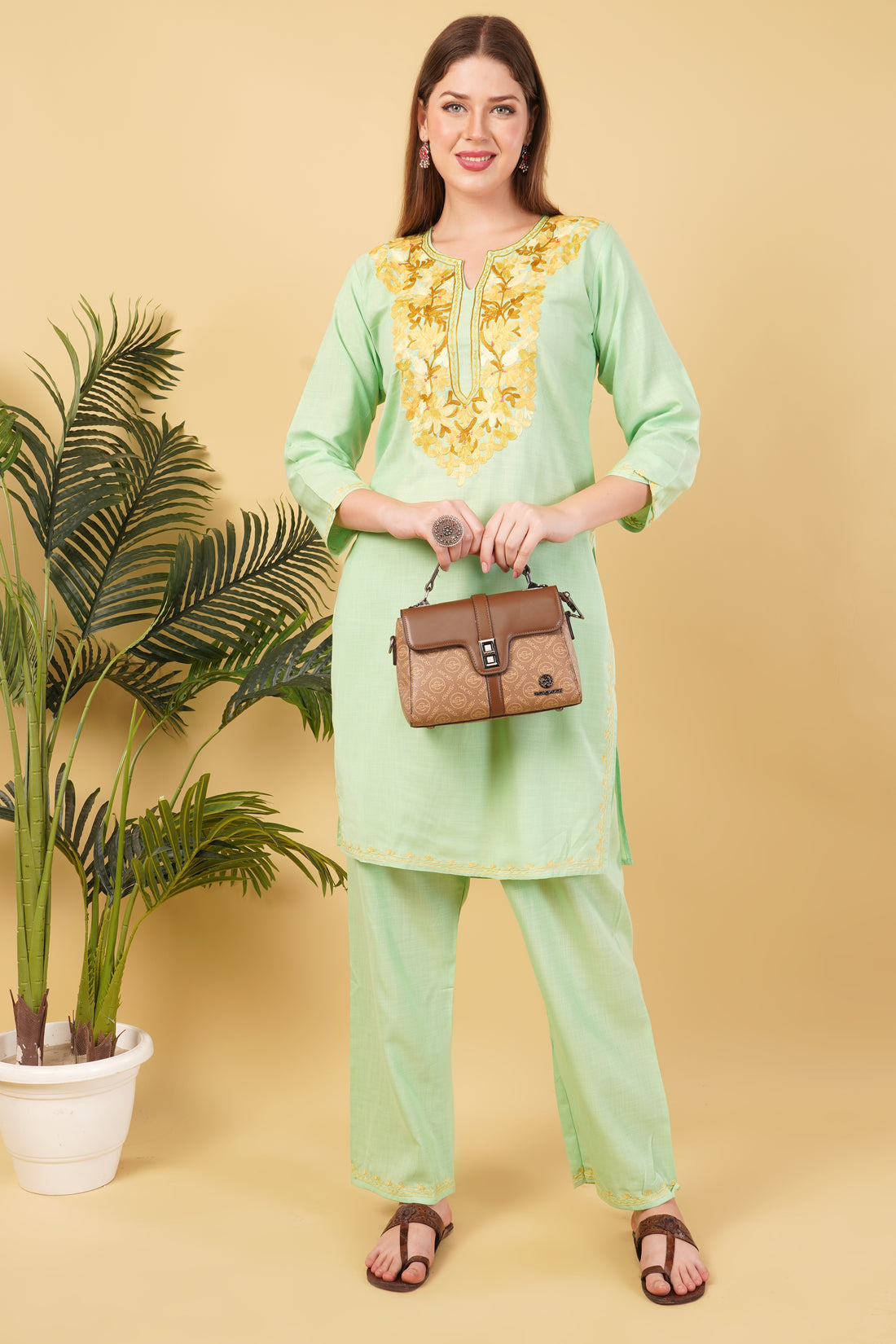 Kashmiri Aari embroidery Cotton Co-ord set Size-42 (Green)
