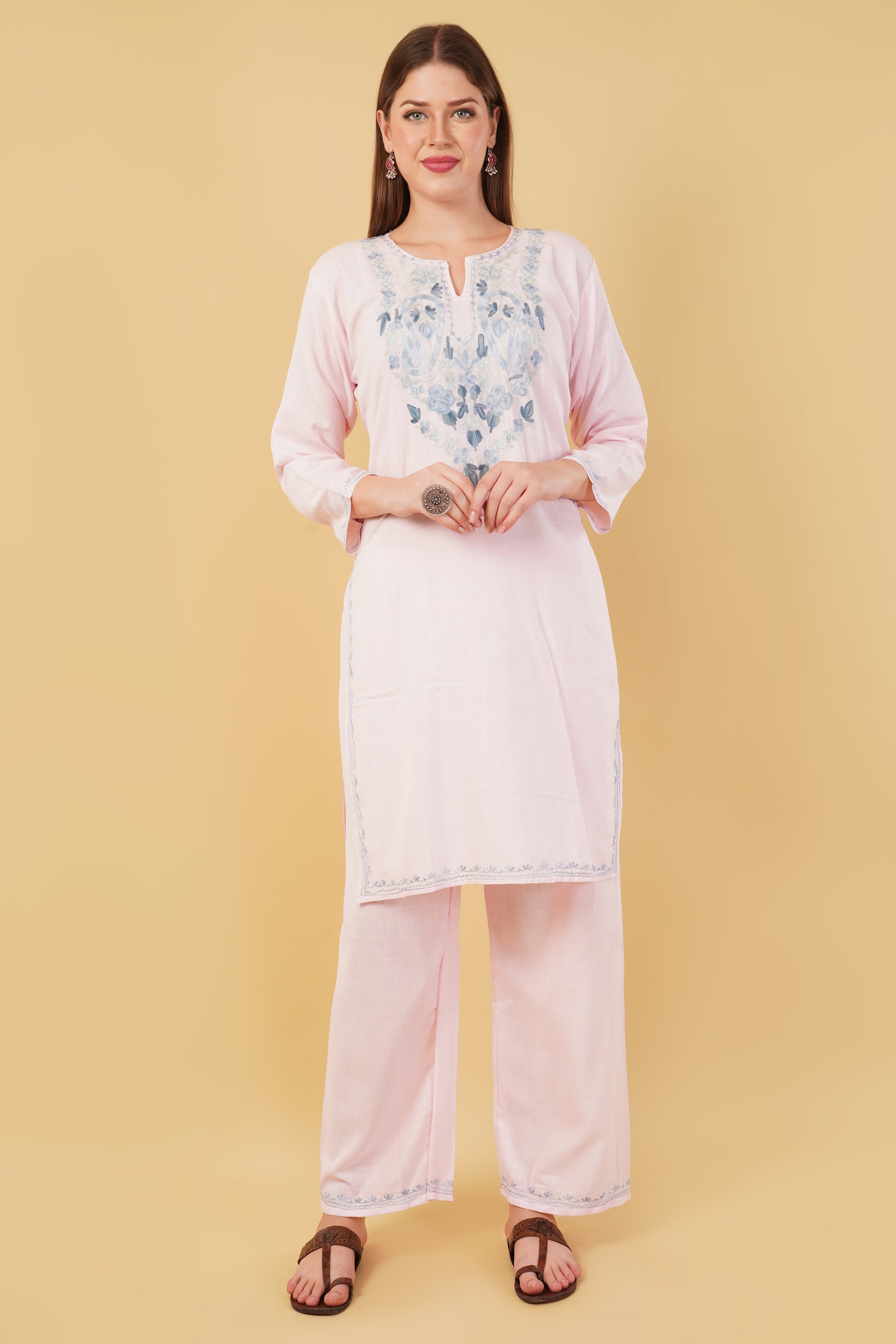 Kashmiri Aari embroidery Cotton Co-ord set Size-42 (Baby Pink)