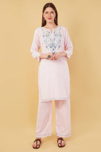 Kashmiri Aari embroidery Cotton Co-ord set Size-42 (Baby Pink)