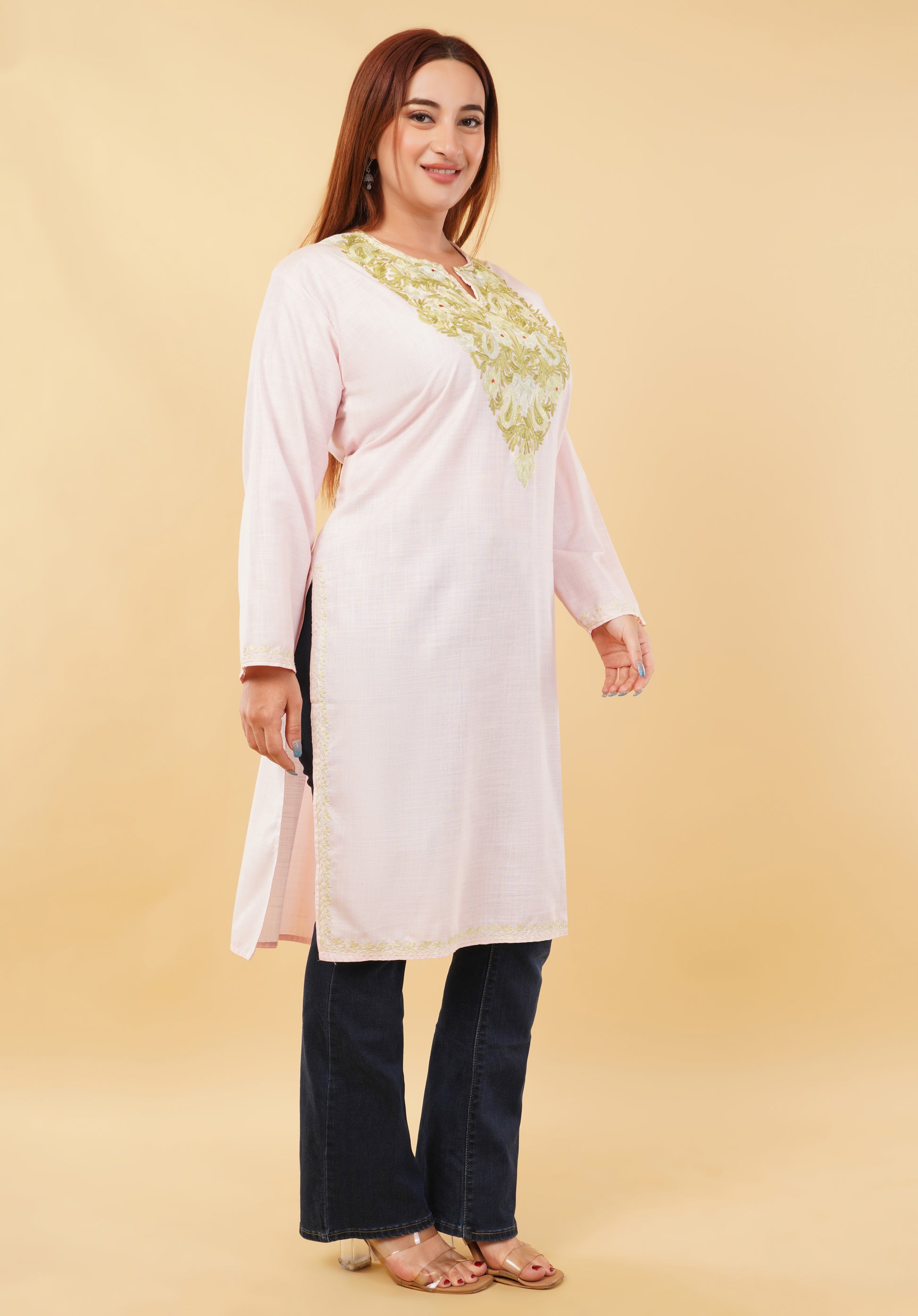 Kashmiri Aari embroidery Cotton Long Kurti Size-46(Baby Pink)
