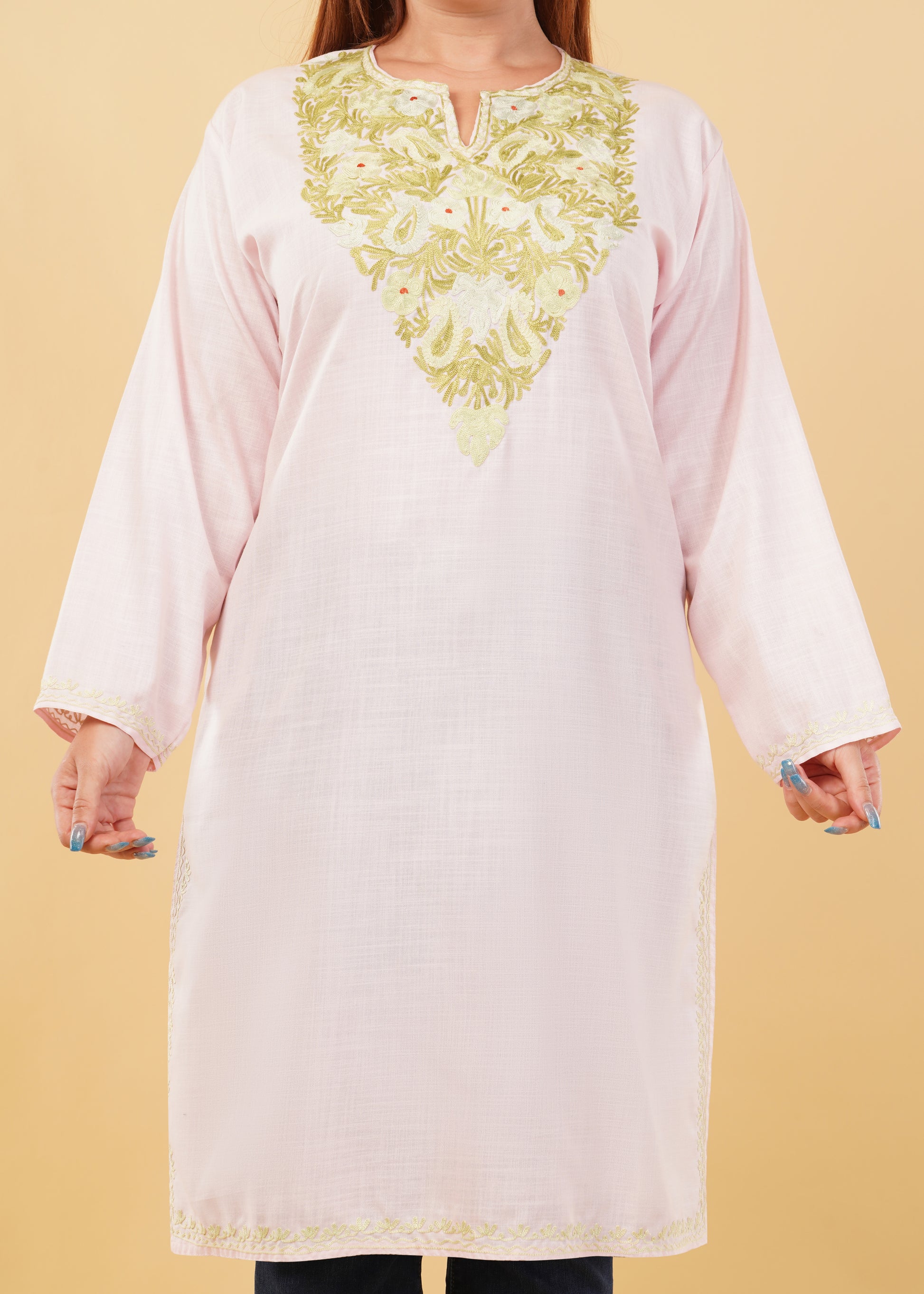 Kashmiri Aari embroidery Cotton Long Kurti Size-46(Baby Pink)
