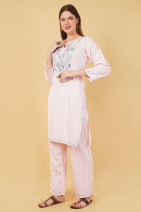 Kashmiri Aari embroidery Cotton Co-ord set Size-42 (Baby Pink)