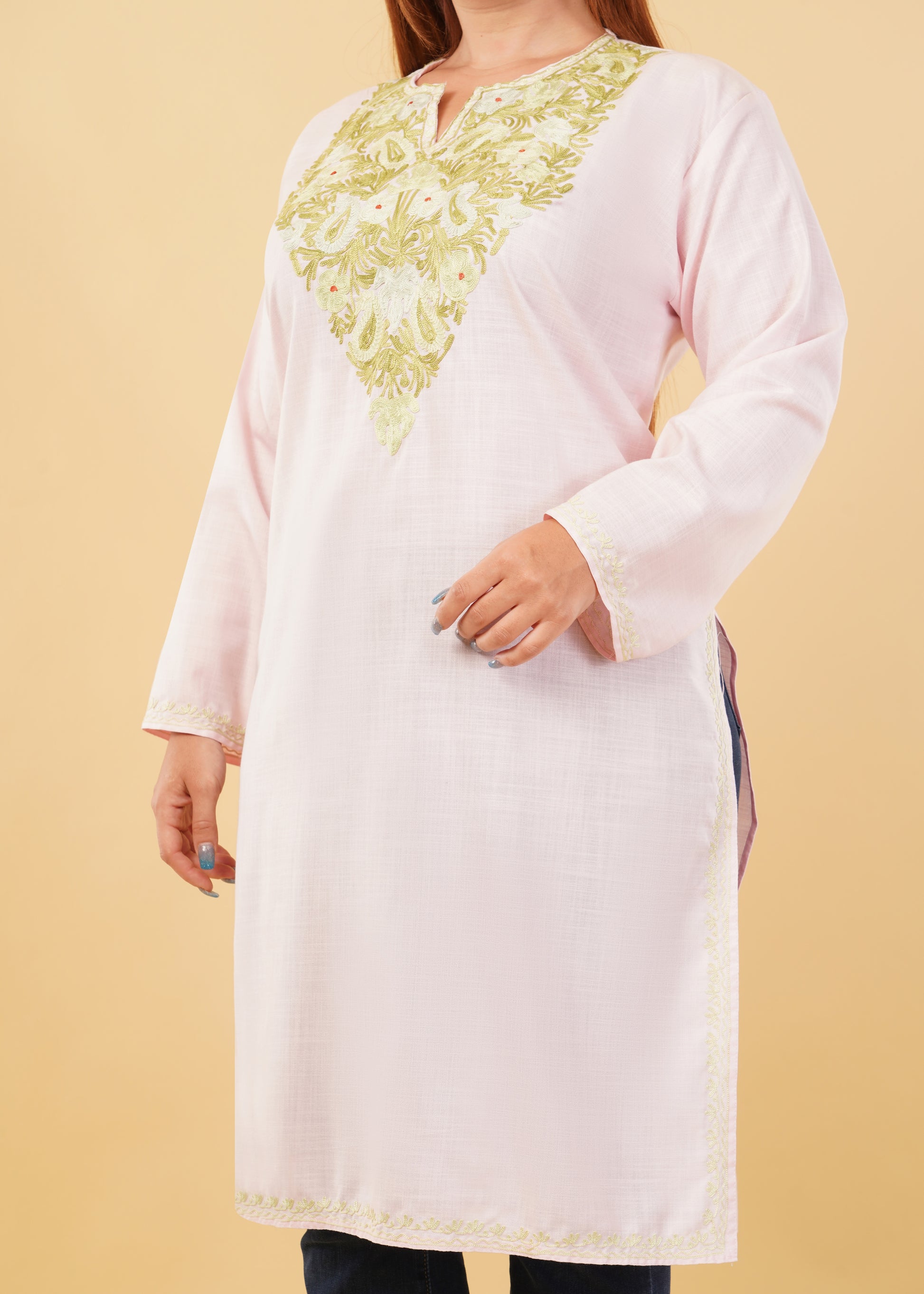 Kashmiri Aari embroidery Cotton Long Kurti Size-46(Baby Pink)