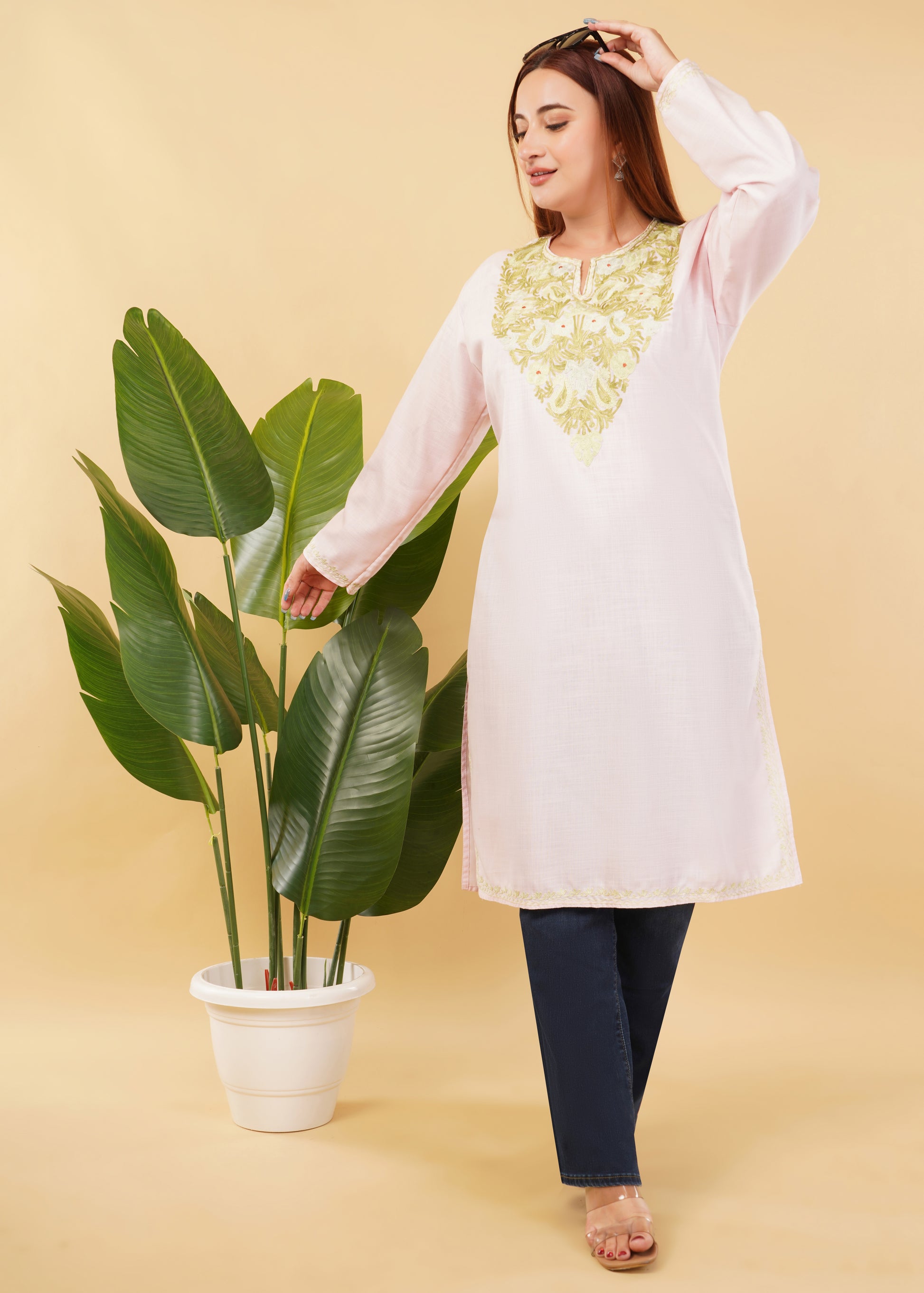 Kashmiri Aari embroidery Cotton Long Kurti Size-46(Baby Pink)