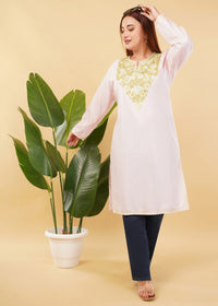 Kashmiri Aari embroidery Cotton Long Kurti Size-46(Baby Pink)