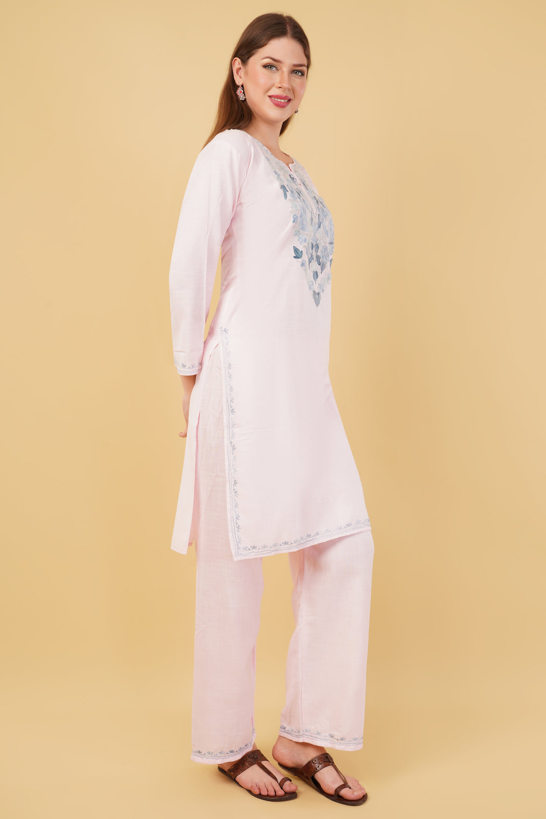 Kashmiri Aari embroidery Cotton Co-ord set Size-42 (Baby Pink)