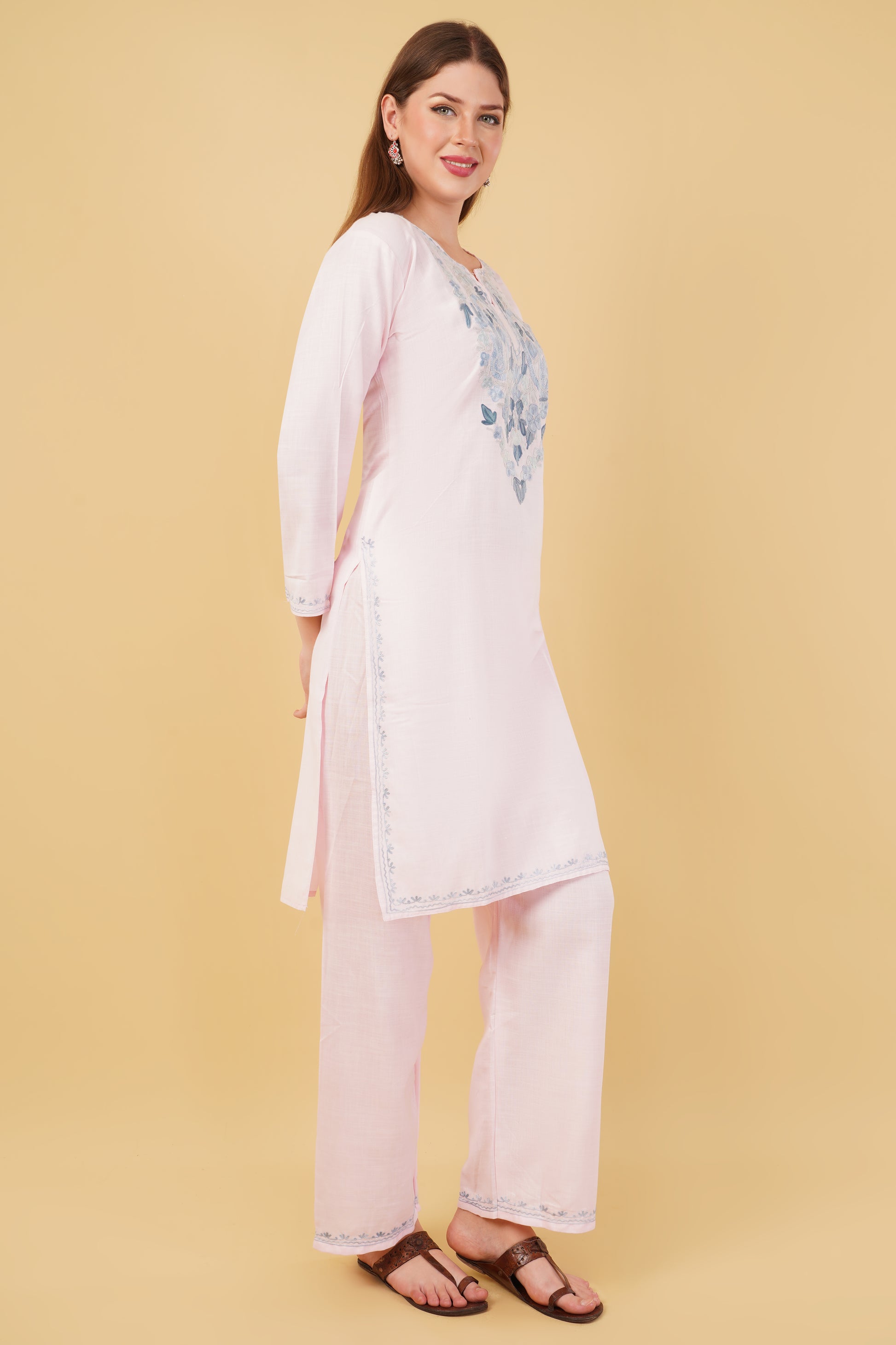 Kashmiri Aari embroidery Cotton Co-ord set Size-42 (Baby Pink)