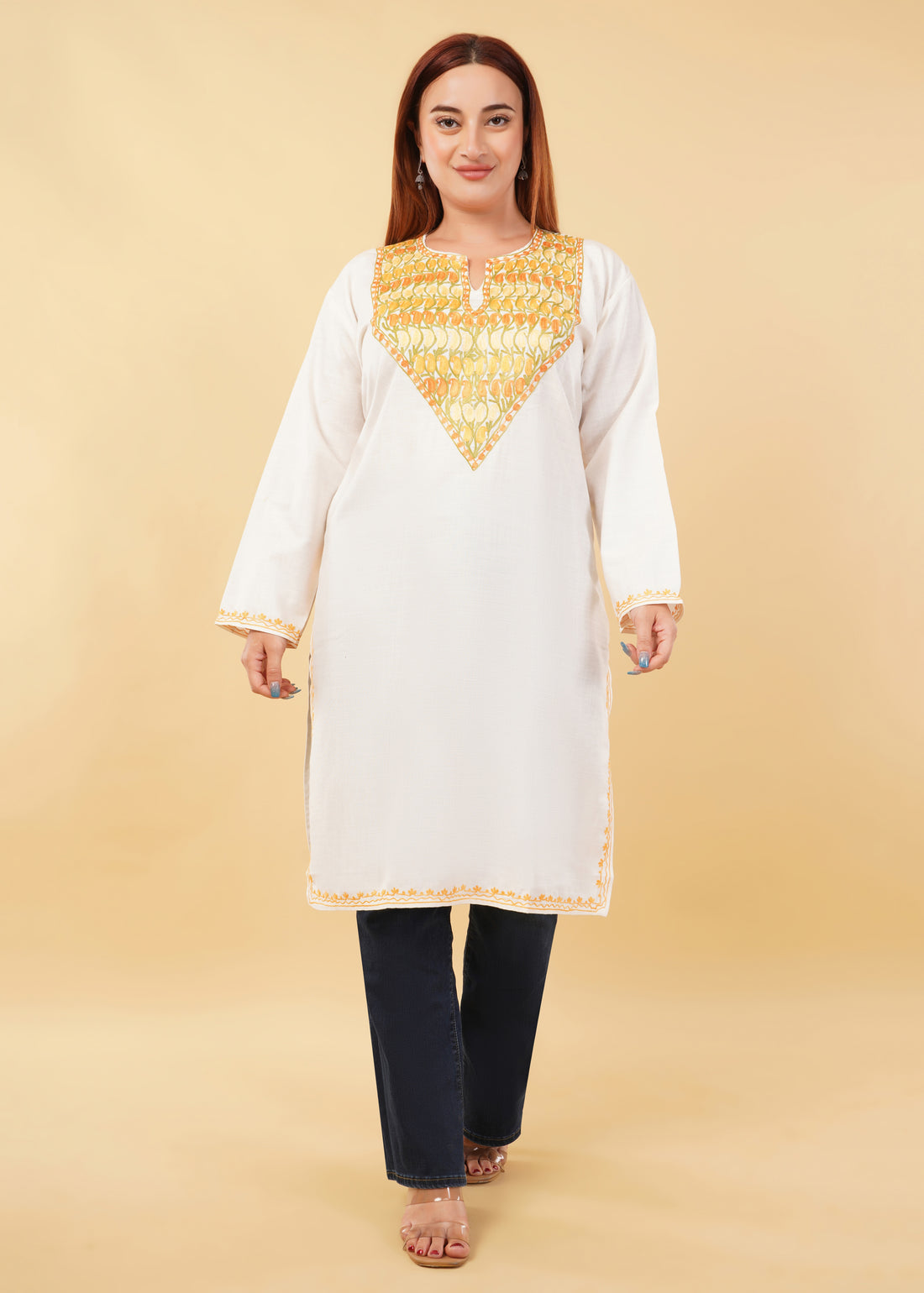 Kashmiri Aari embroidery Cotton Long Kurti Size-46(White)