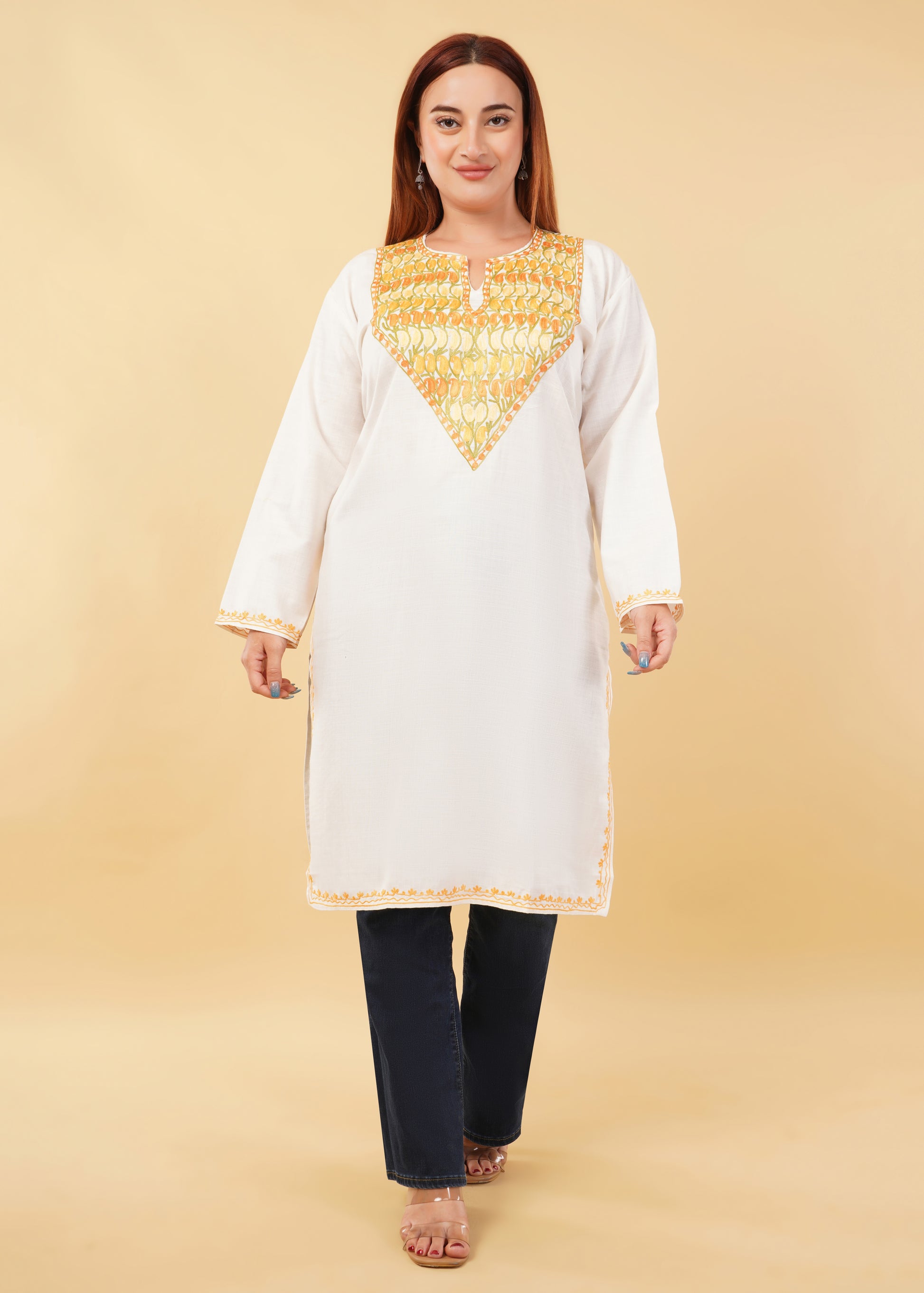 Kashmiri Aari embroidery Cotton Long Kurti Size-46(White)