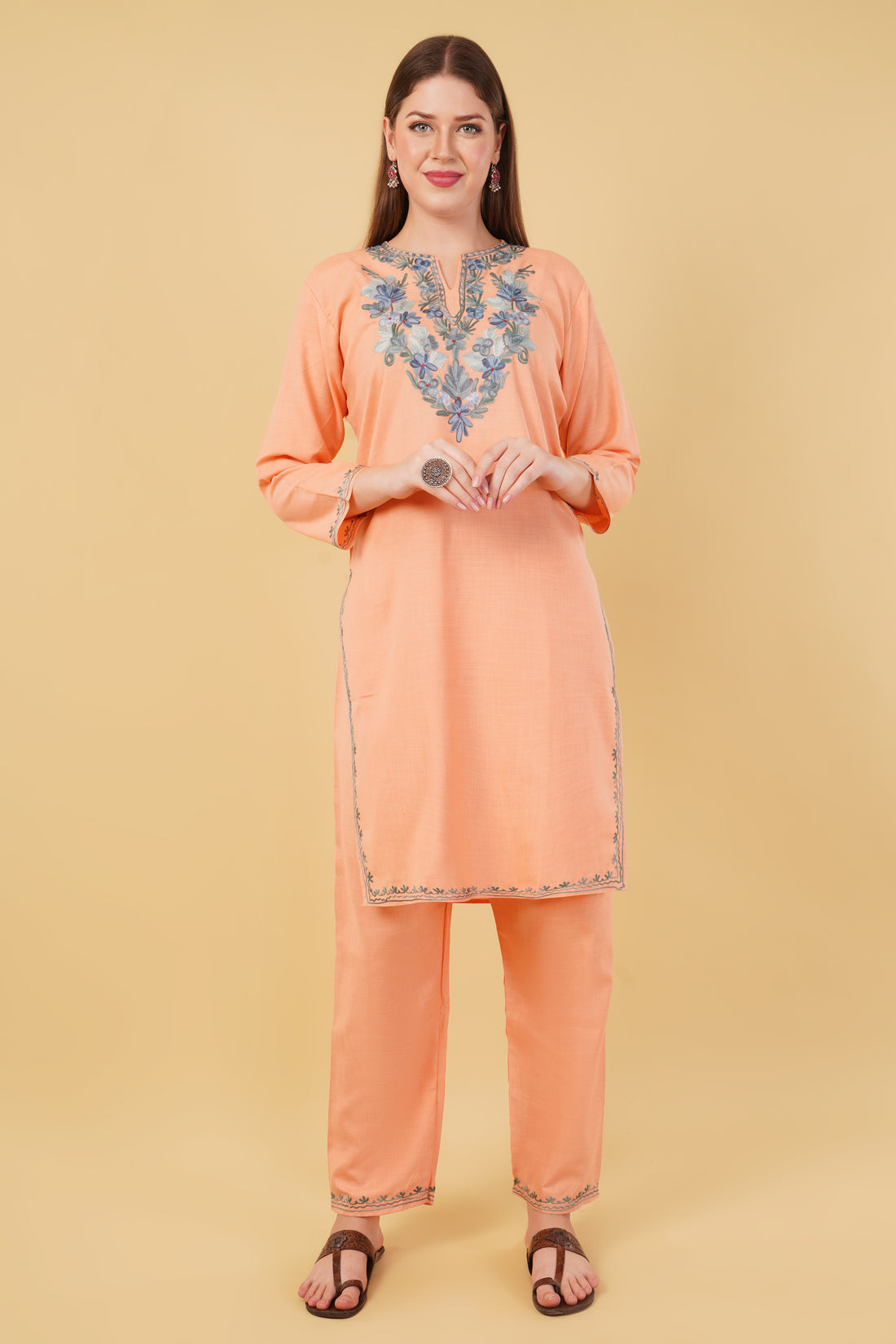 Kashmiri Aari embroidery Cotton Co-ord set Size-42 (Peach)