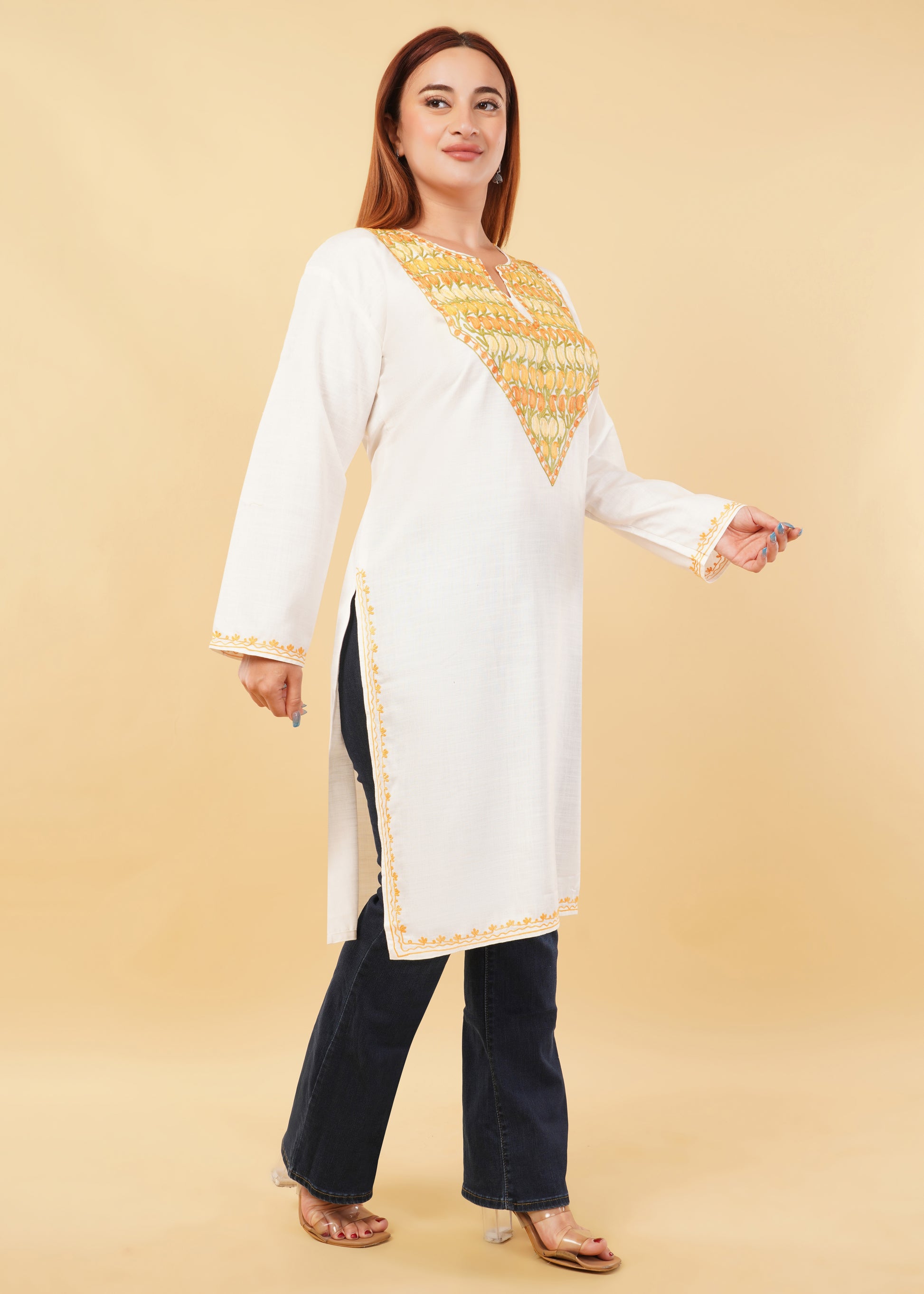 Kashmiri Aari embroidery Cotton Long Kurti Size-46(White)