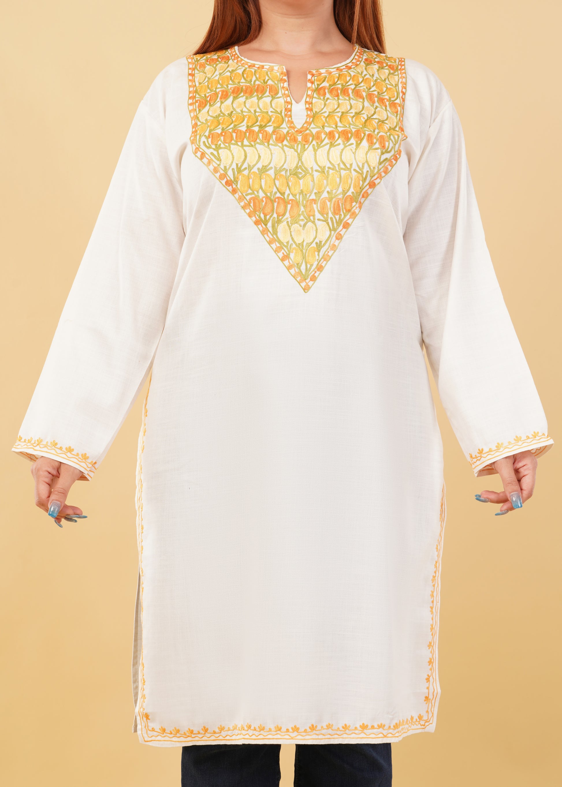 Kashmiri Aari embroidery Cotton Long Kurti Size-46(White)
