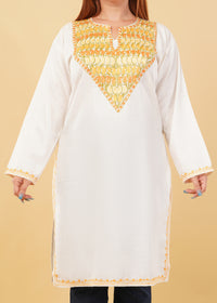 Kashmiri Aari embroidery Cotton Long Kurti Size-46(White)