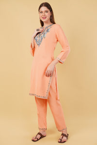 Kashmiri Aari embroidery Cotton Co-ord set Size-42 (Peach)