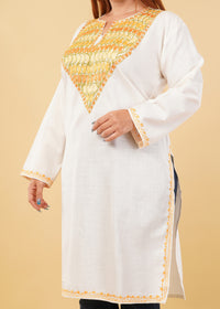 Kashmiri Aari embroidery Cotton Long Kurti Size-46(White)
