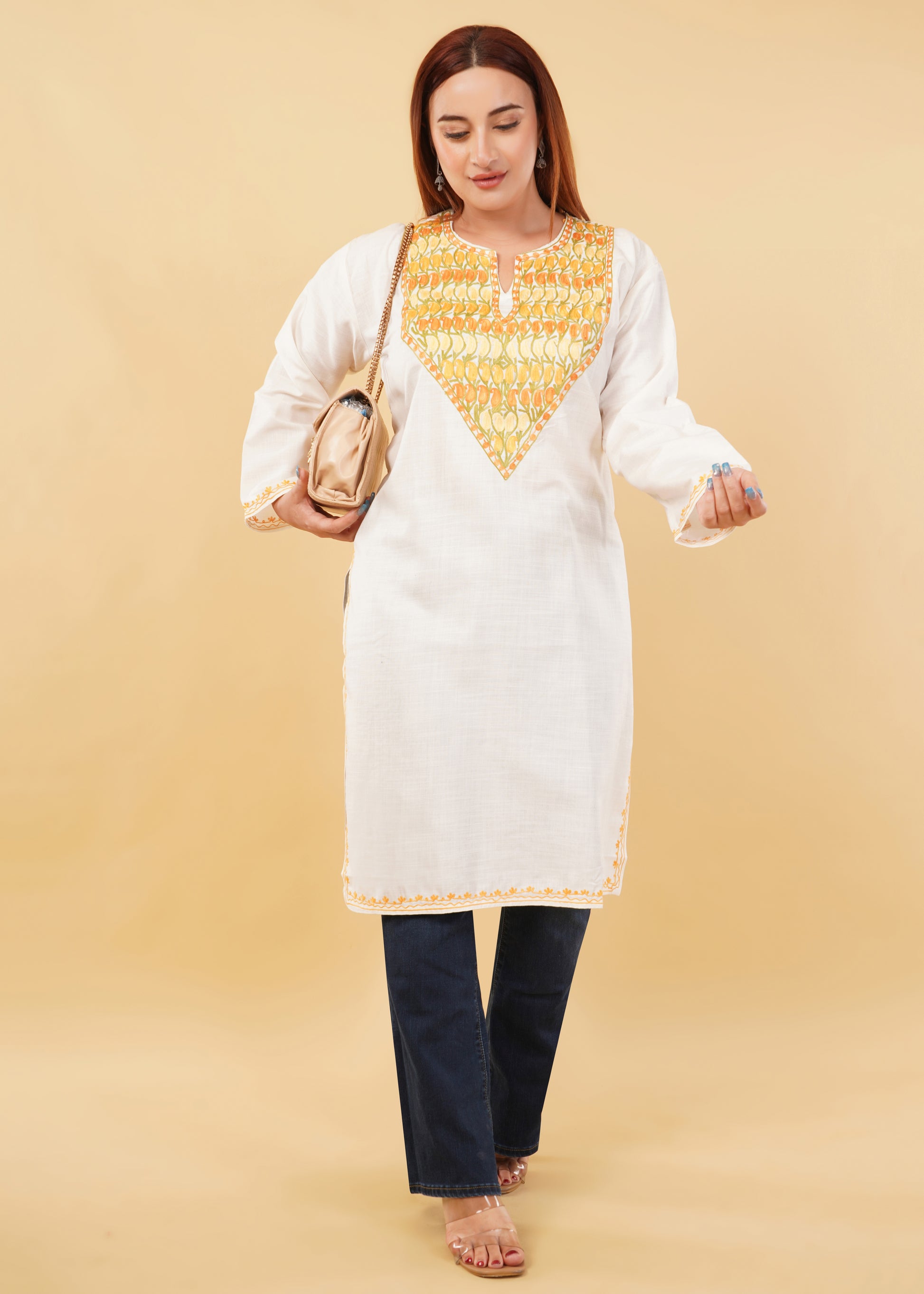 Kashmiri Aari embroidery Cotton Long Kurti Size-46(White)