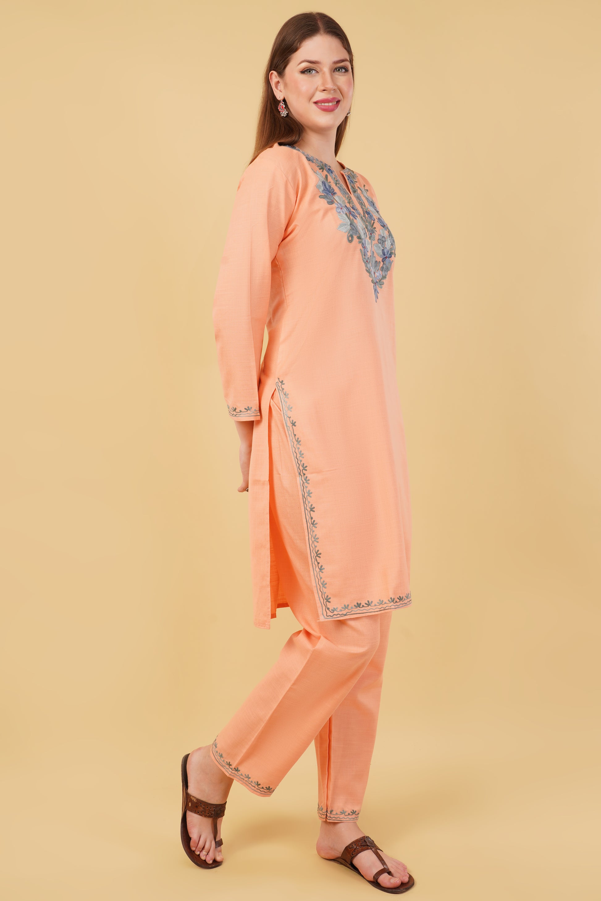 Kashmiri Aari embroidery Cotton Co-ord set Size-42 (Peach)