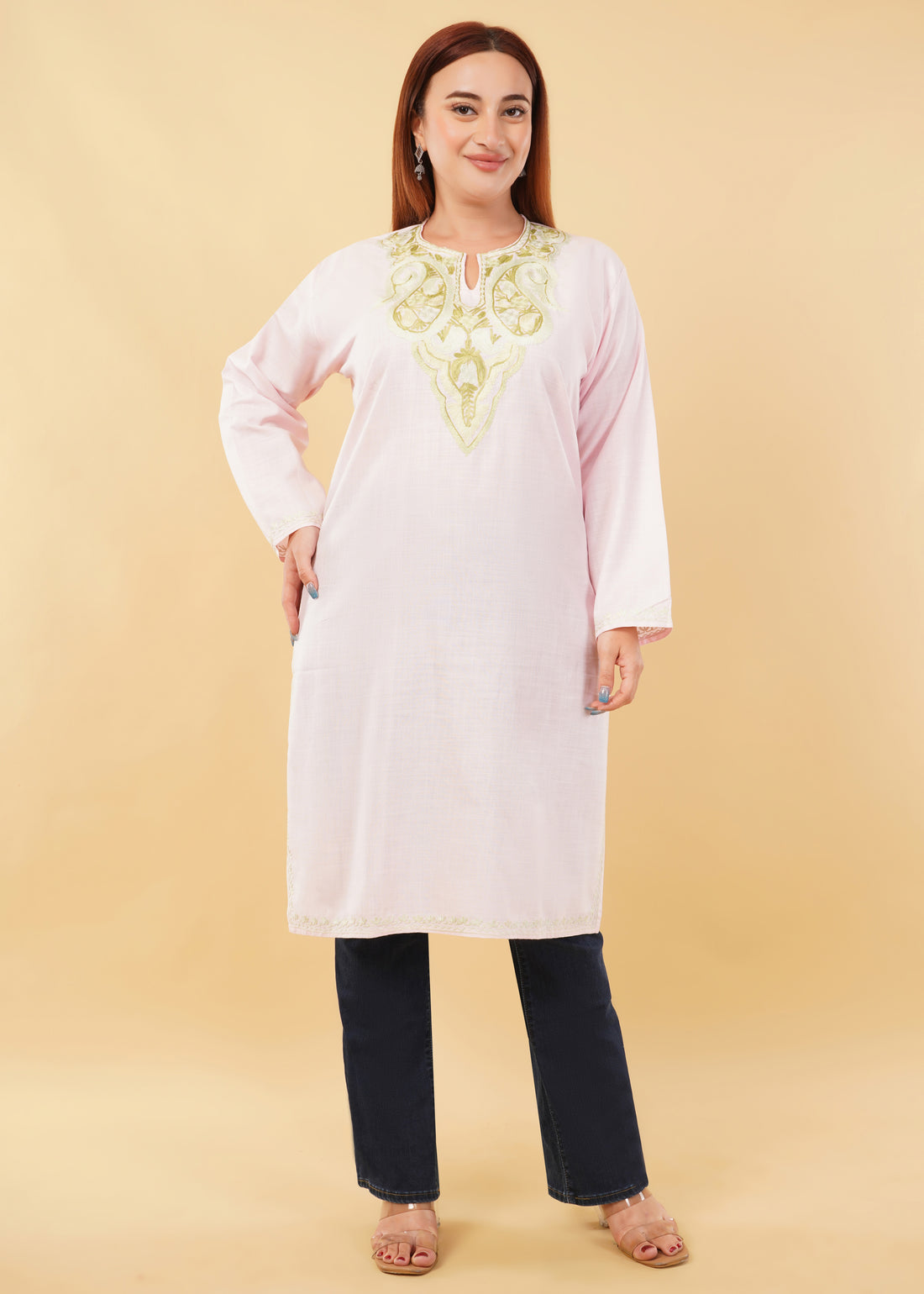 Kashmiri Aari embroidery Cotton Long Kurti Size-46(Baby Pink)
