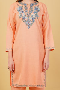 Kashmiri Aari embroidery Cotton Co-ord set Size-42 (Peach)