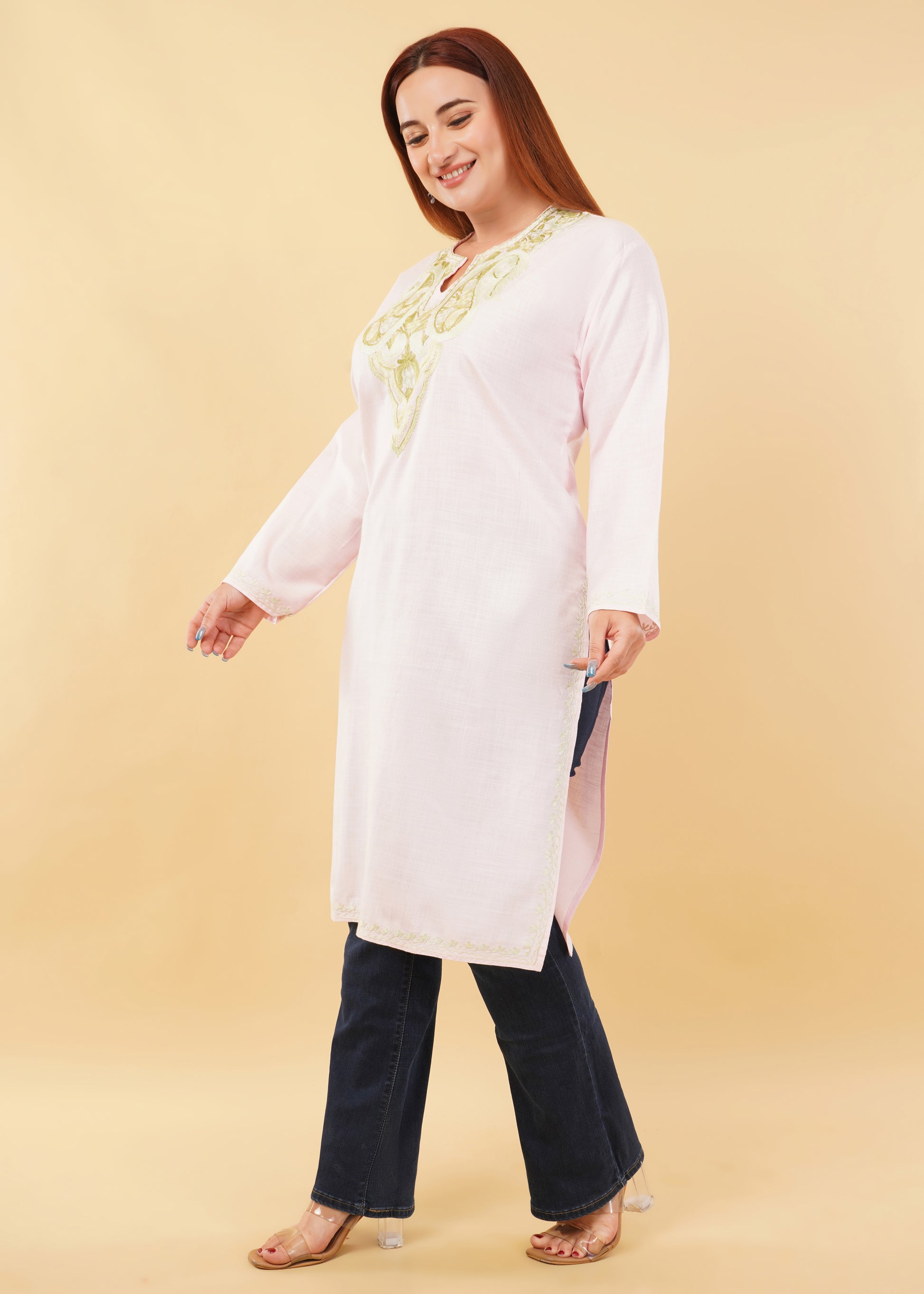 Kashmiri Aari embroidery Cotton Long Kurti Size-46(Baby Pink)