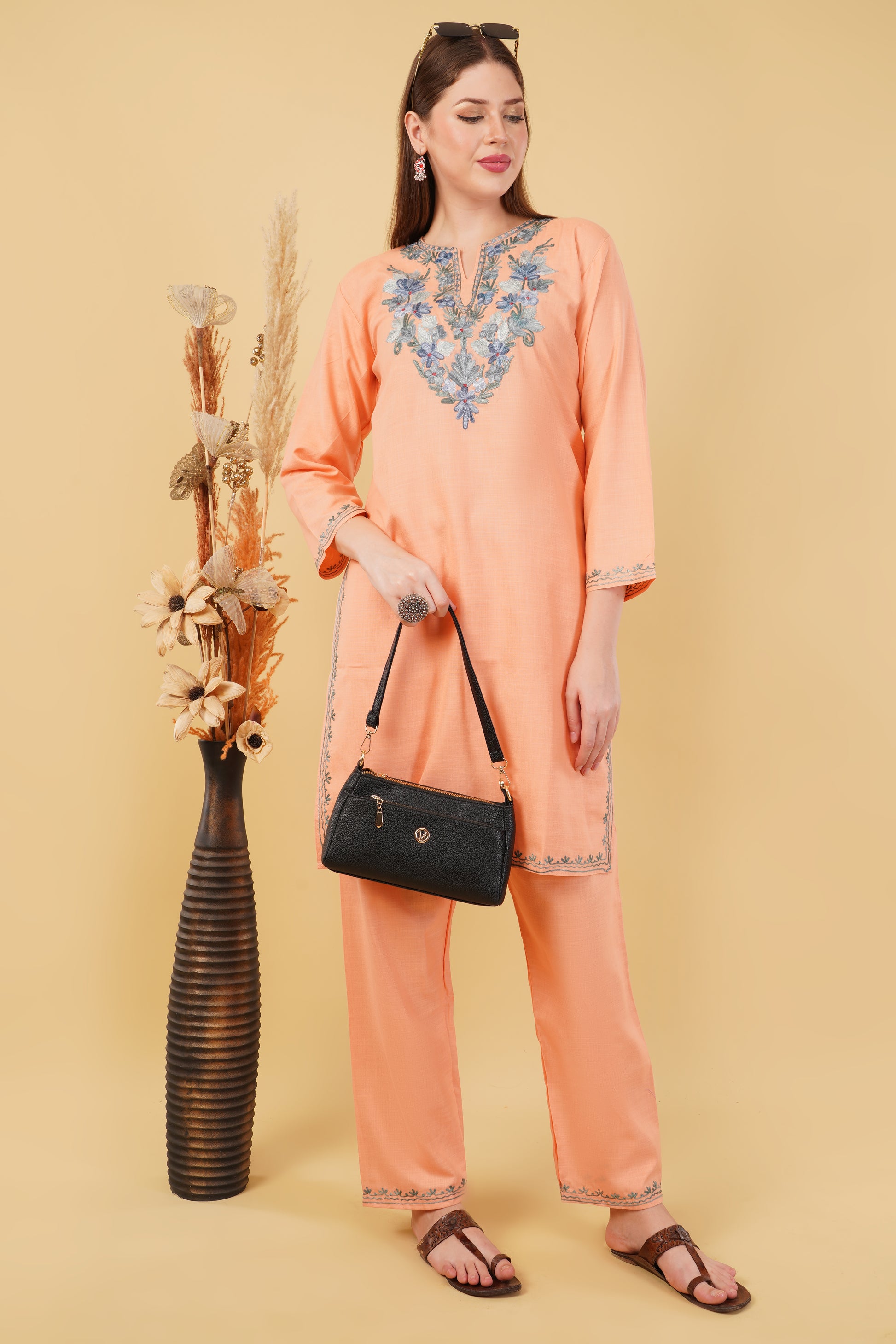 Kashmiri Aari embroidery Cotton Co-ord set Size-42 (Peach)