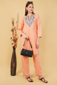Kashmiri Aari embroidery Cotton Co-ord set Size-42 (Peach)