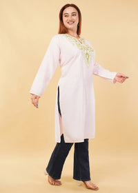 Kashmiri Aari embroidery Cotton Long Kurti Size-46(Baby Pink)