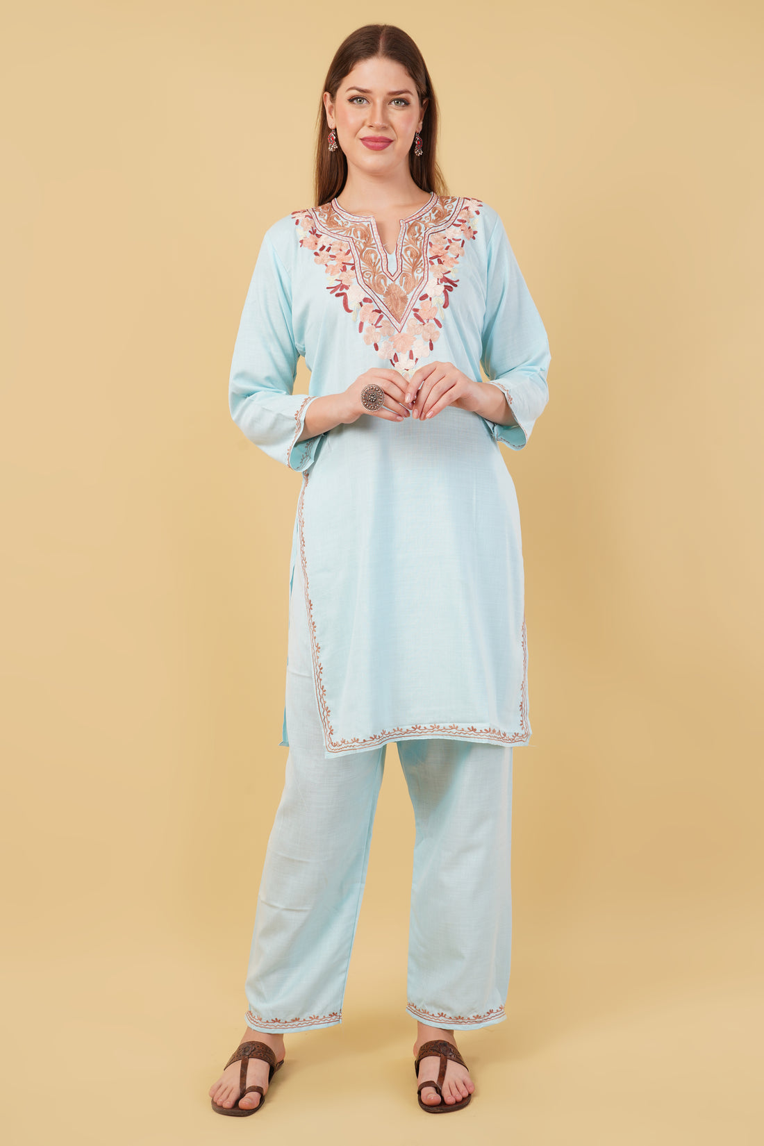 Kashmiri Aari embroidery Cotton Co-ord set Size-42 (Sky Blue)