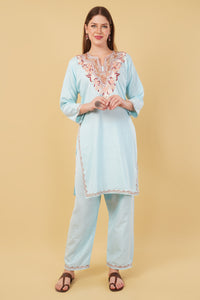 Kashmiri Aari embroidery Cotton Co-ord set Size-42 (Sky Blue)