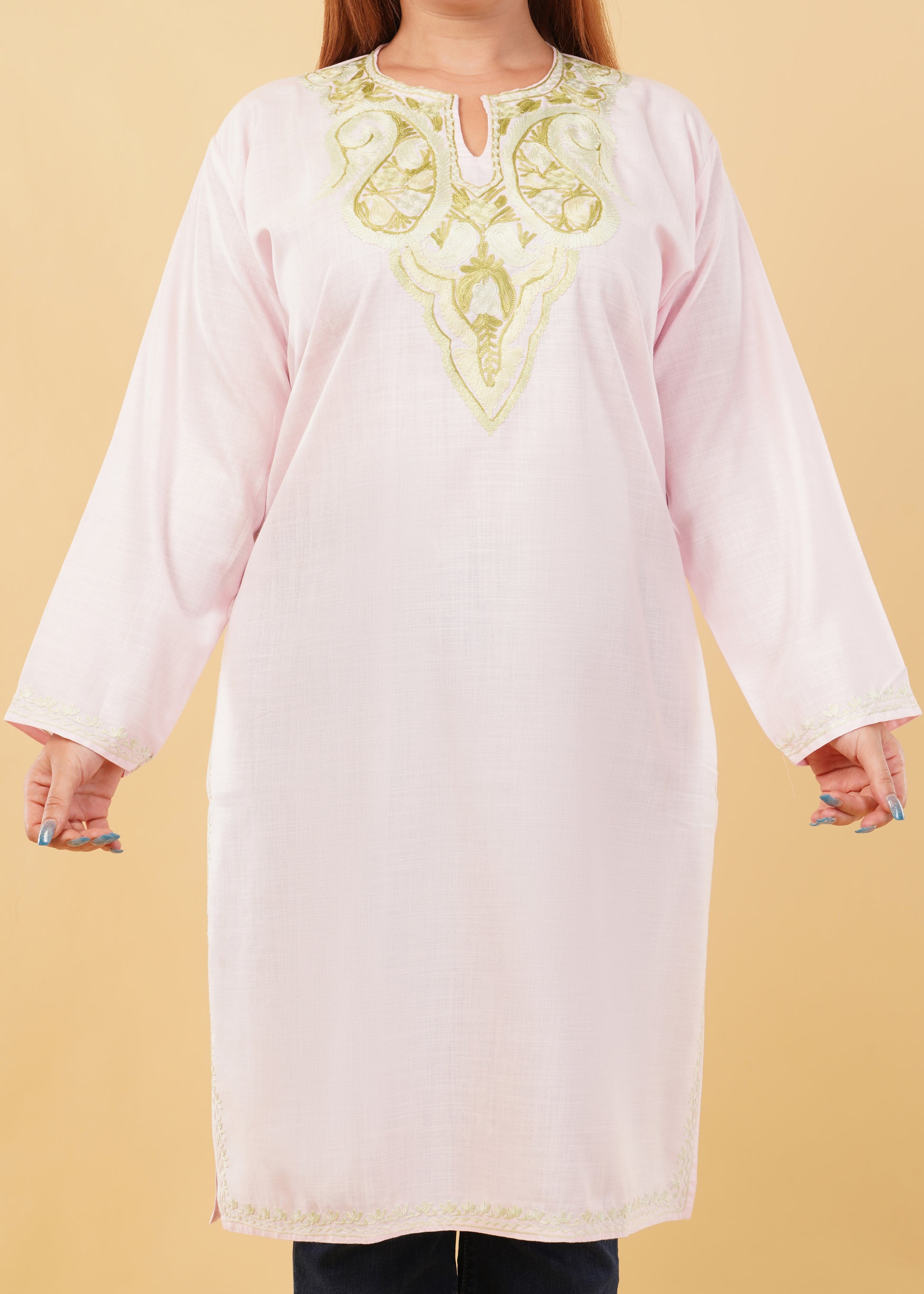 Kashmiri Aari embroidery Cotton Long Kurti Size-46(Baby Pink)