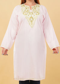 Kashmiri Aari embroidery Cotton Long Kurti Size-46(Baby Pink)