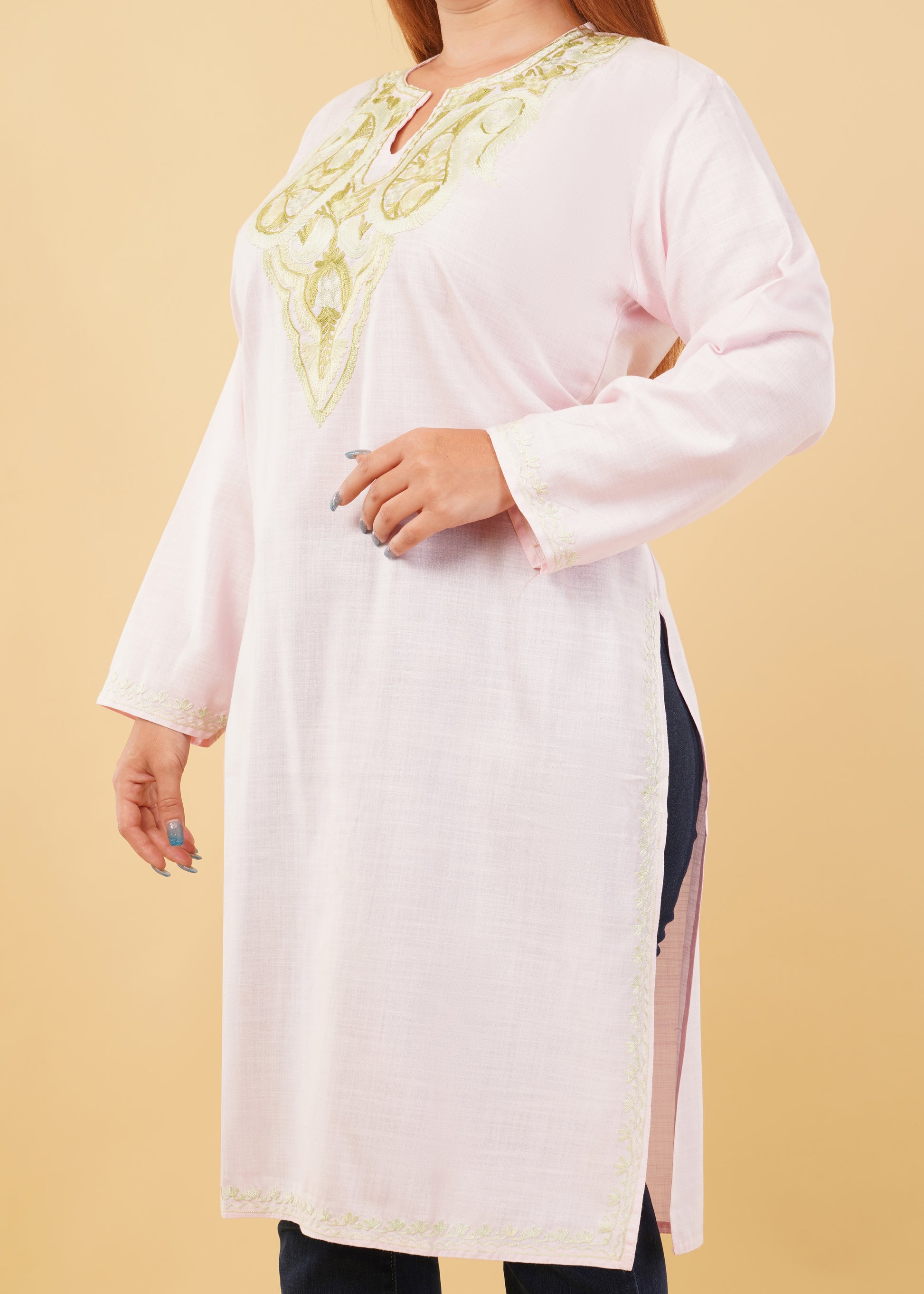 Kashmiri Aari embroidery Cotton Long Kurti Size-46(Baby Pink)
