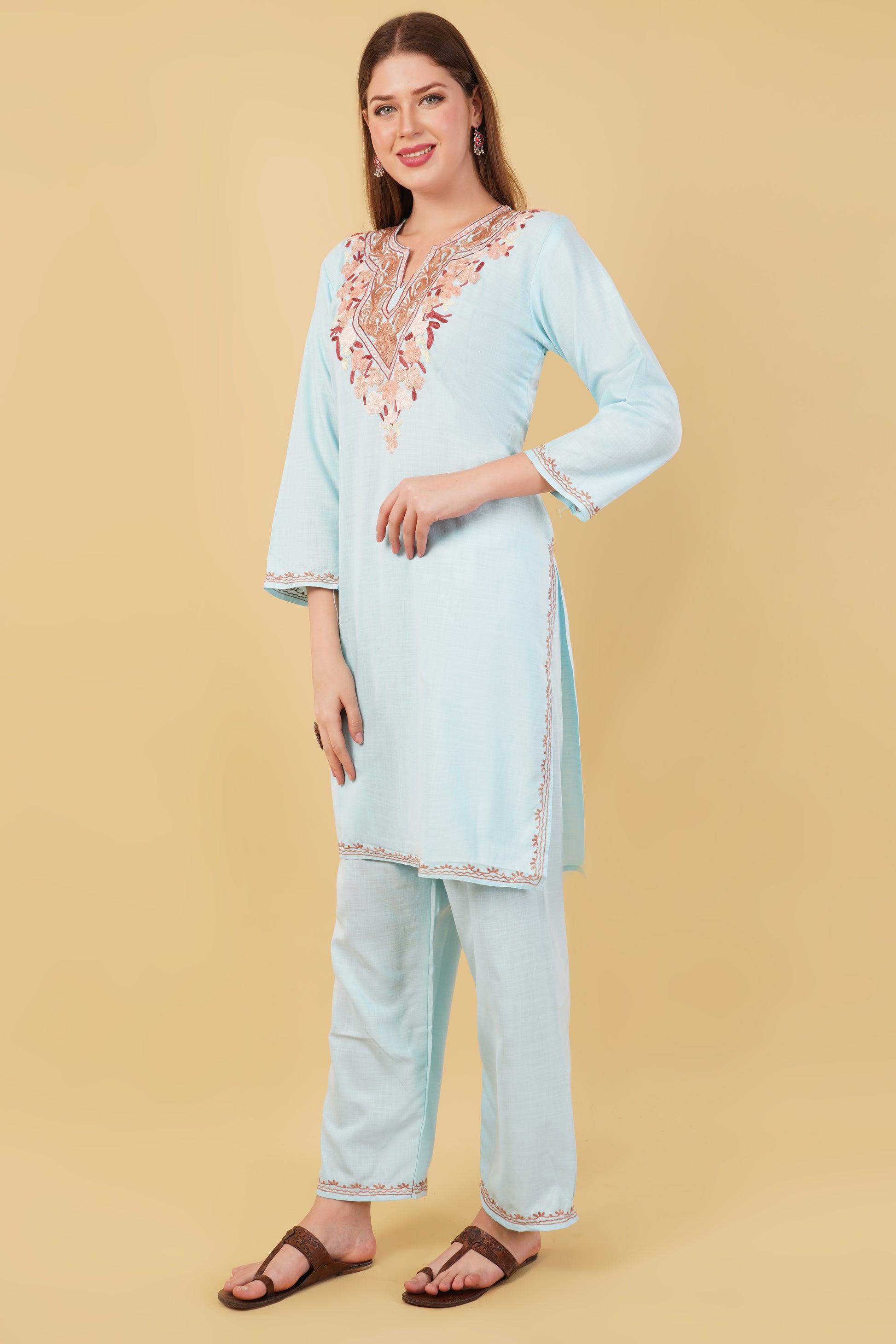 Kashmiri Aari embroidery Cotton Co-ord set Size-42 (Sky Blue)