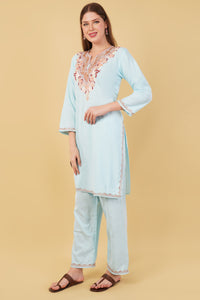 Kashmiri Aari embroidery Cotton Co-ord set Size-42 (Sky Blue)