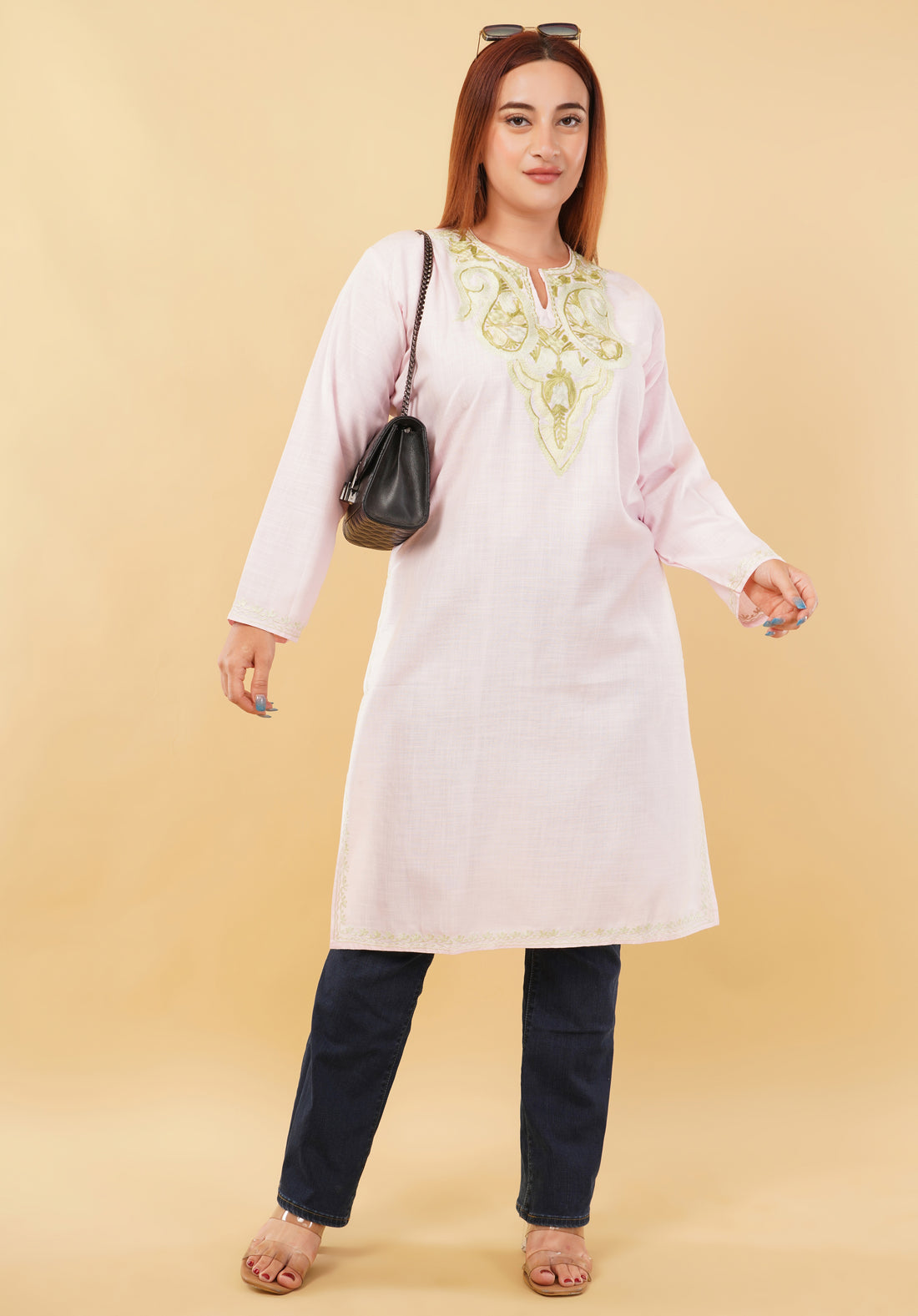 Kashmiri Aari embroidery Cotton Long Kurti Size-46(Baby Pink)