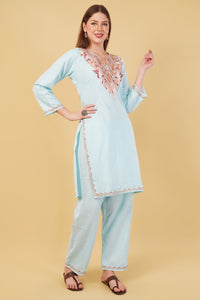 Kashmiri Aari embroidery Cotton Co-ord set Size-42 (Sky Blue)